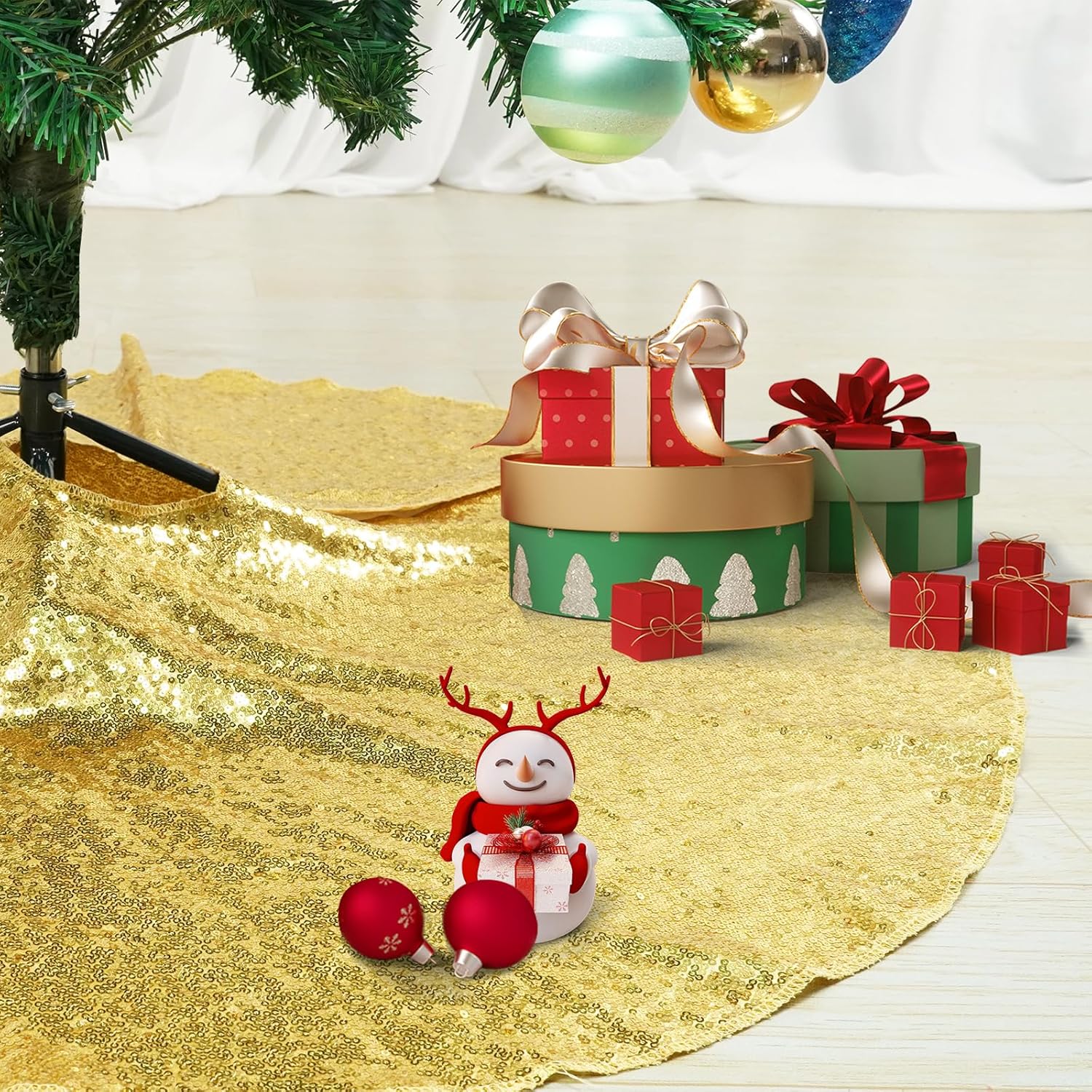 Faldón dorado para árbol de Navidad, faldas de árbol de Navidad brillantes de 50 pulgadas para decoraciones de Navidad