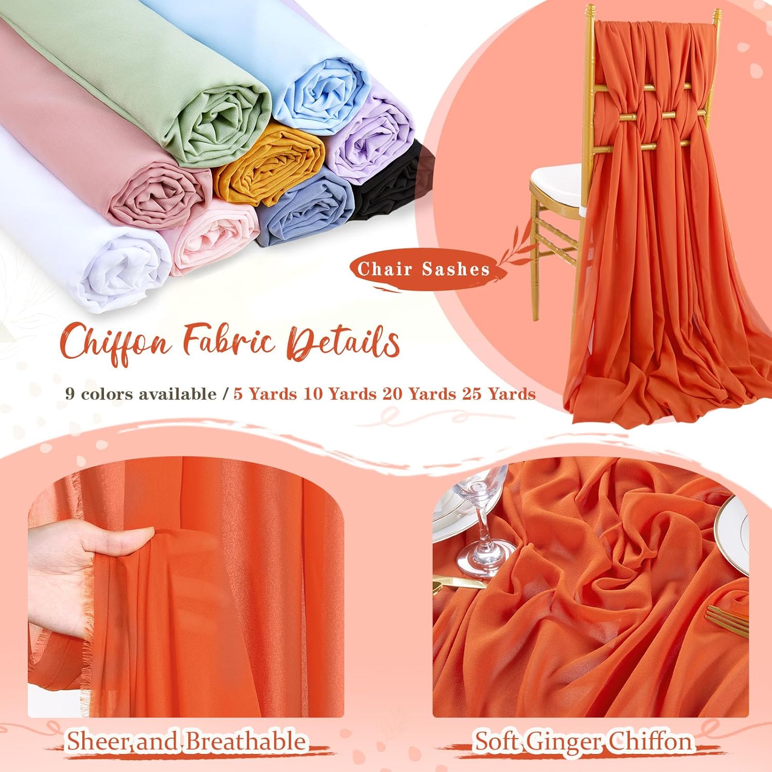 The Yard – Tela transparente de gasa naranja quemada de 10 yardas, decoración de corredor de boda, decoración de despedida de soltera