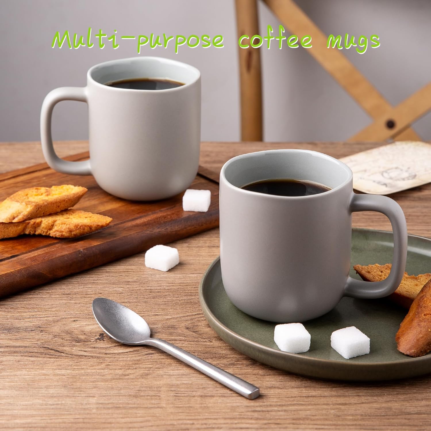 Juego de 6 tazas de café de 16 onzas, tazas de café de cerámica con mango grande y borde ondulado para café con leche, cacao caliente, té, tazas de