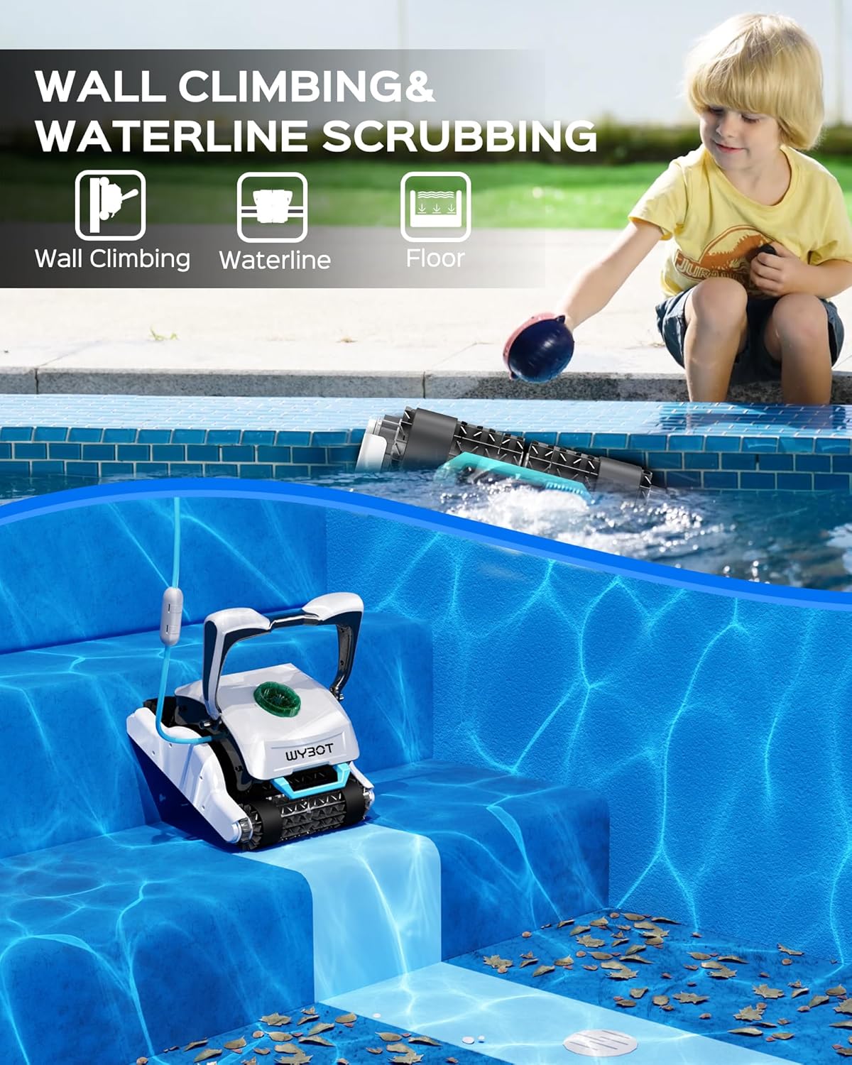 WYBOT Grampus 1300 – Limpiador robótico de piscina, succión ultra fuerte, aspiradora de piscina con control remoto, motores de triple eje, limpieza