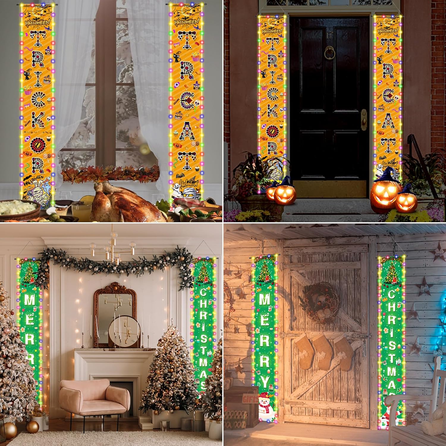 Cartel de decoración de Navidad de Halloween para porche  Letrero con cadena de luz LED, cartel reversible colgante de Feliz Navidad y truco o trato