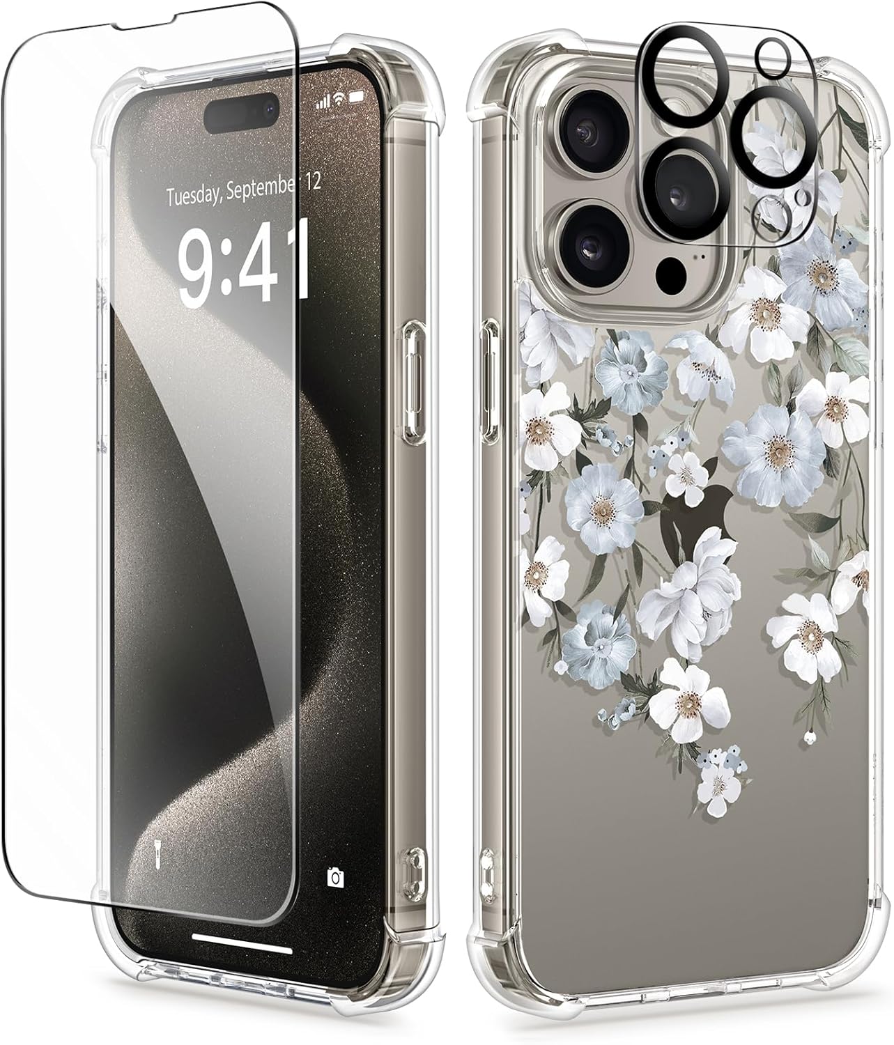 GVIEWIN Funda para iPhone 15 Pro Max floral, con protector de pantalla y protector de lente de cámara, PC duro + TPU parachoques a prueba de golpes