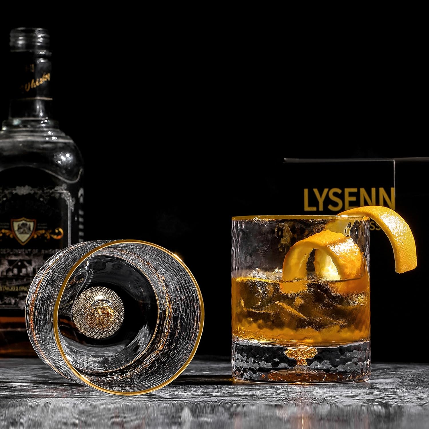 Lysenn Vasos de whisky para hombre, vidrio antiguo con copos dorados para beber, vidrio de bourbon soplado a mano para hombres, 10 onzas líquidas,
