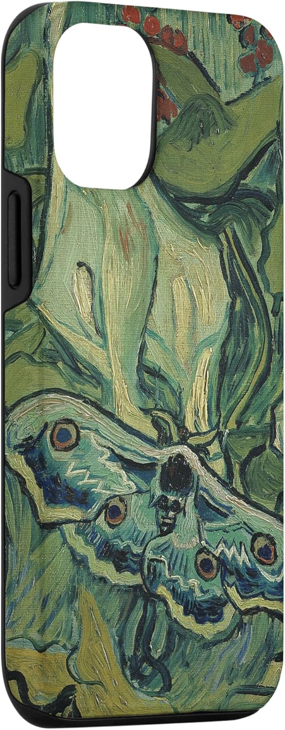 iPhone 13 gran polilla pavo real de Vincent van Gogh, insecto en una caja de jardín