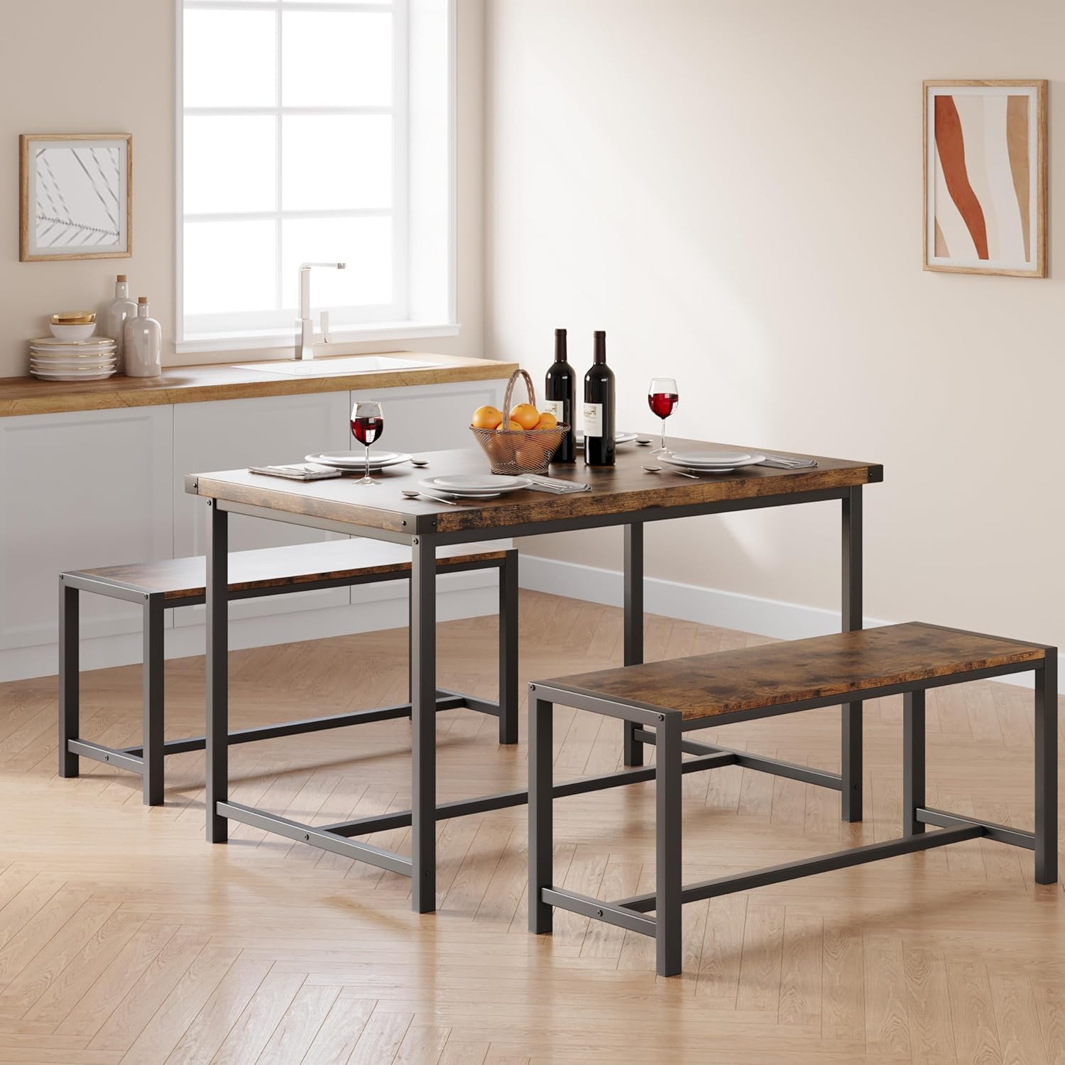 IDEALHOUSE Juego de mesa de comedor para 4, mesa de cocina con bancos, juego de mesa de comedor rectangular con 2 bancos de madera de metal, juego