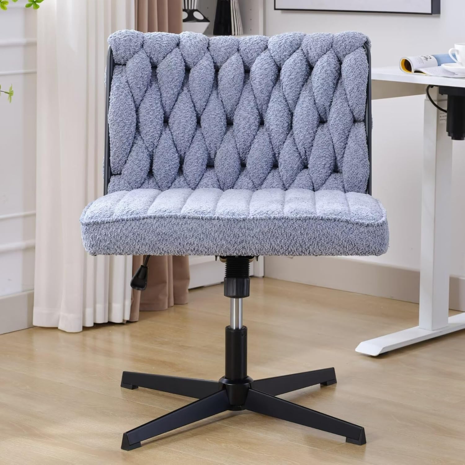 Silla giratoria sin brazos para oficina en casa, patas cruzadas, sin ruedas, asiento ancho de terciopelo tejido, respaldo medio, silla estética para
