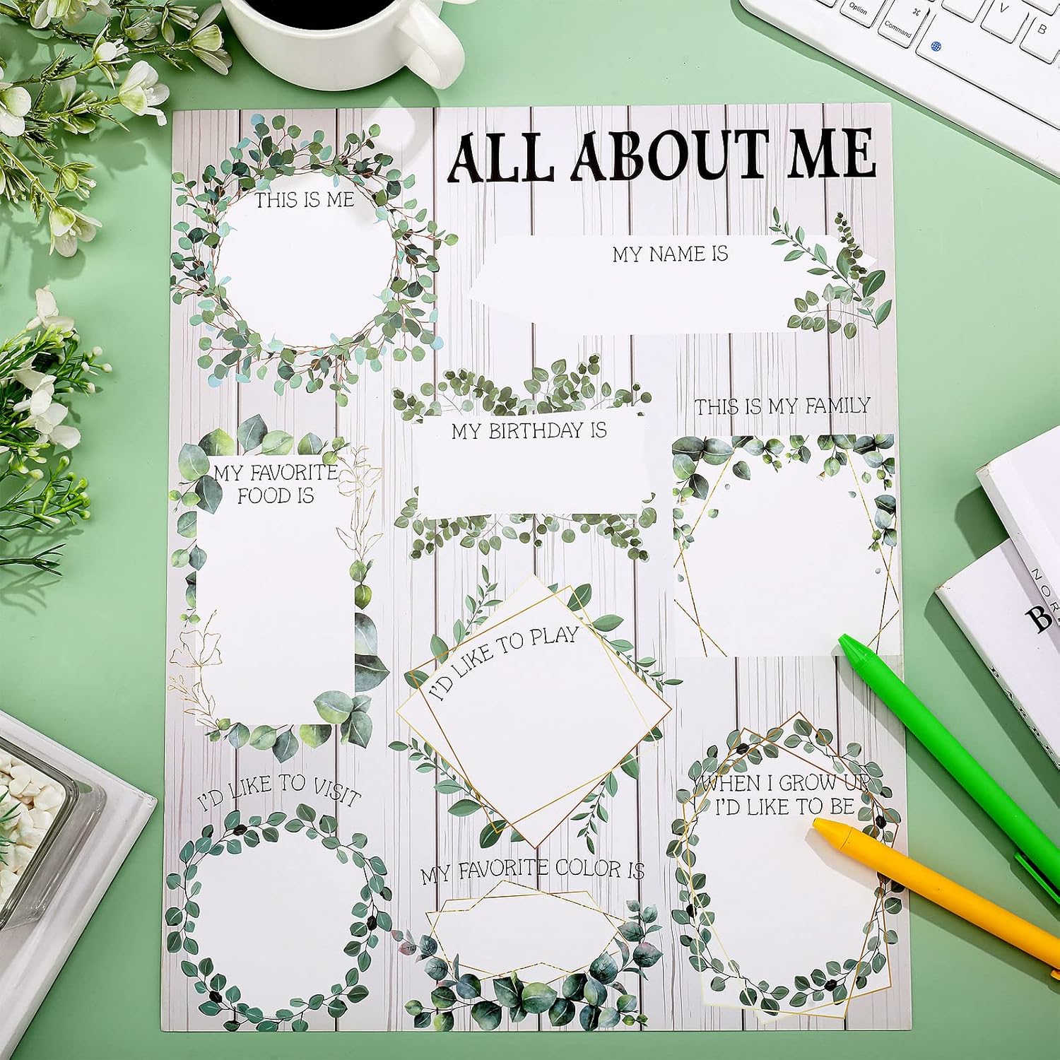 Sherr 60 pósteres de All About Me para niños, hojas verdes, arcoíris, póster escolar de eucalipto, póster para estudiantes, aula, jardín de