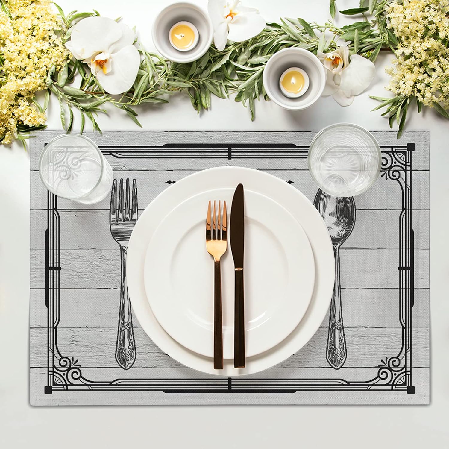 Giwawa Live Laugh Love – Juego de 4 manteles individuales con cuchillo, tenedor, cuchara, estilo vintage, decorativo, de lino, lavable, resistente