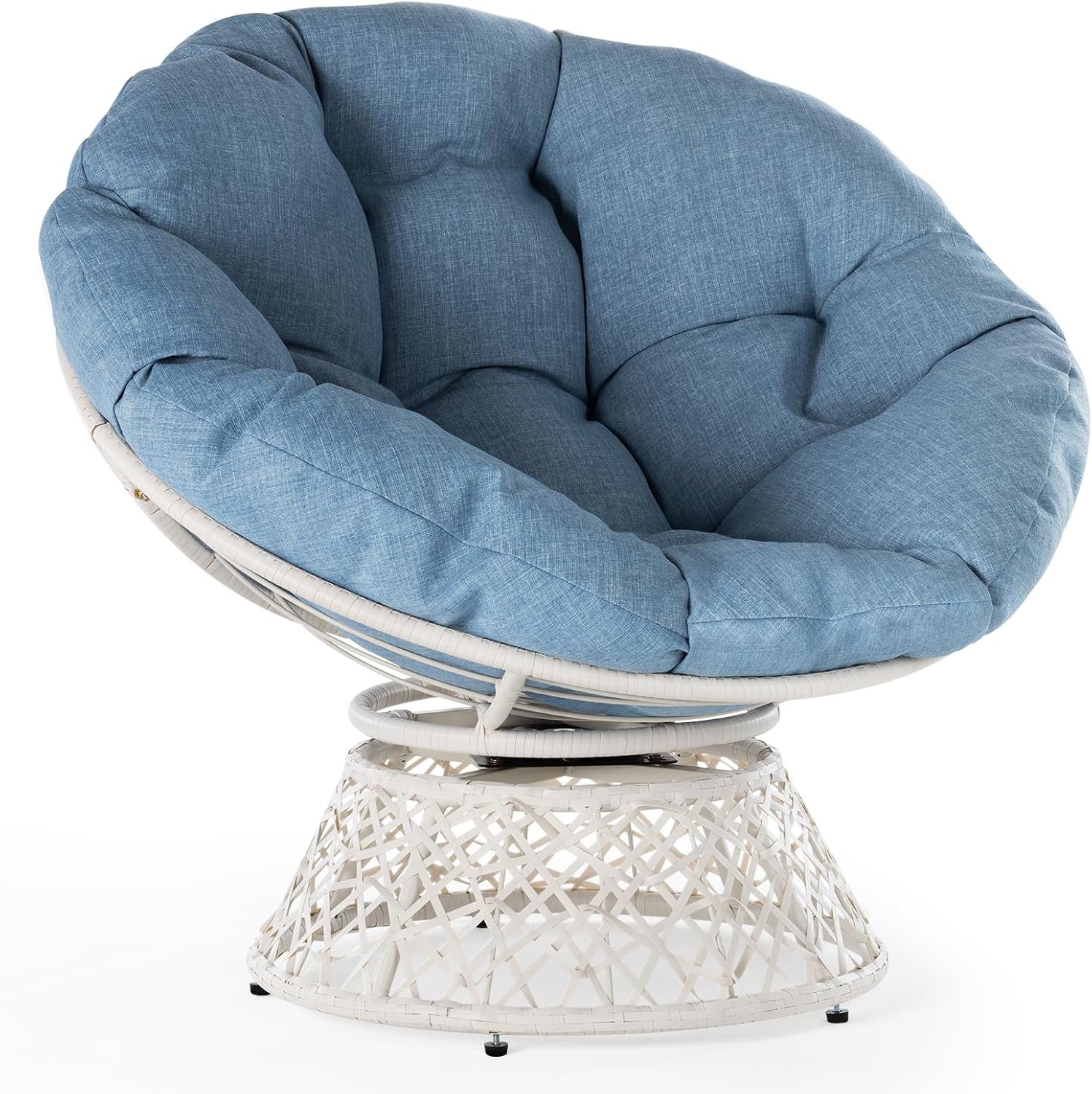 Bme Silla Papasan ergonómica de mimbre con cojín de tela de densidad gruesa suave, marco de acero de alta capacidad, giro de 360 grados para sala,