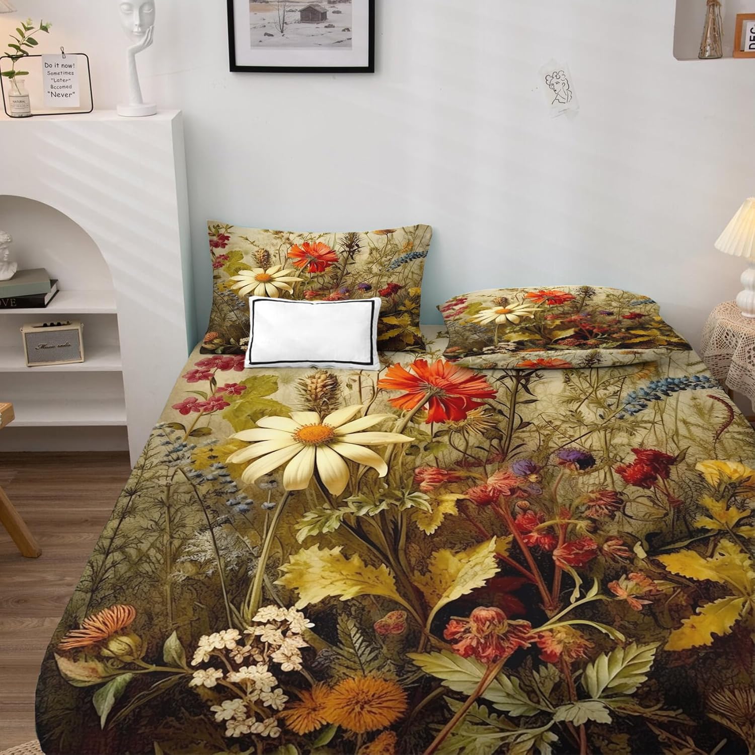 zcsm Wildflower Sábanas tamaño Queen  Sábanas de cama botánicas florales, microfibra suave y bolsillo profundo, sábanas y fundas de almohada