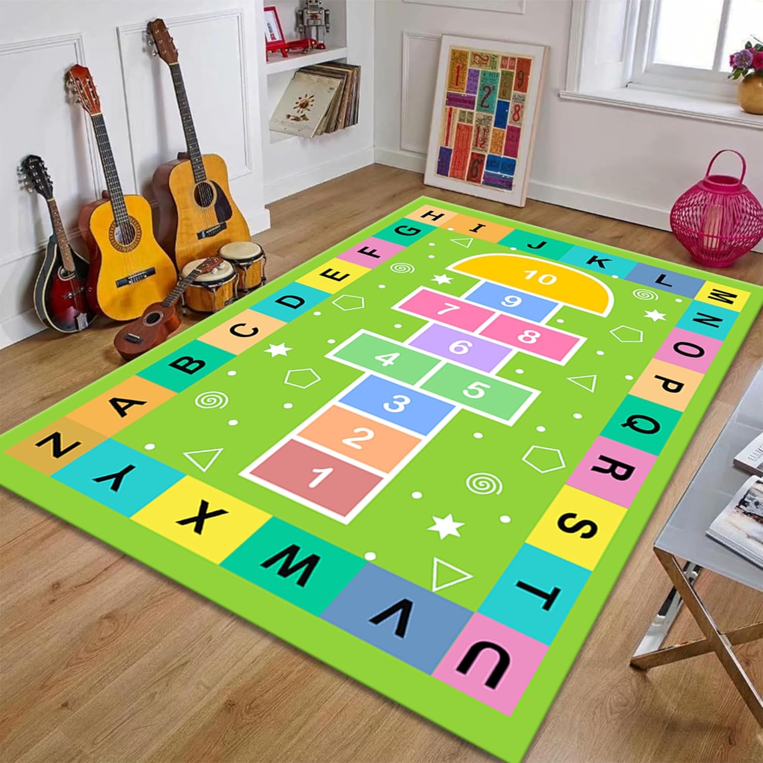 Hopscotch – Alfombra de juego de 4 x 5 pies, diseño colorido del alfabeto y geometría antideslizante, alfombra de juego para niños, alfombras