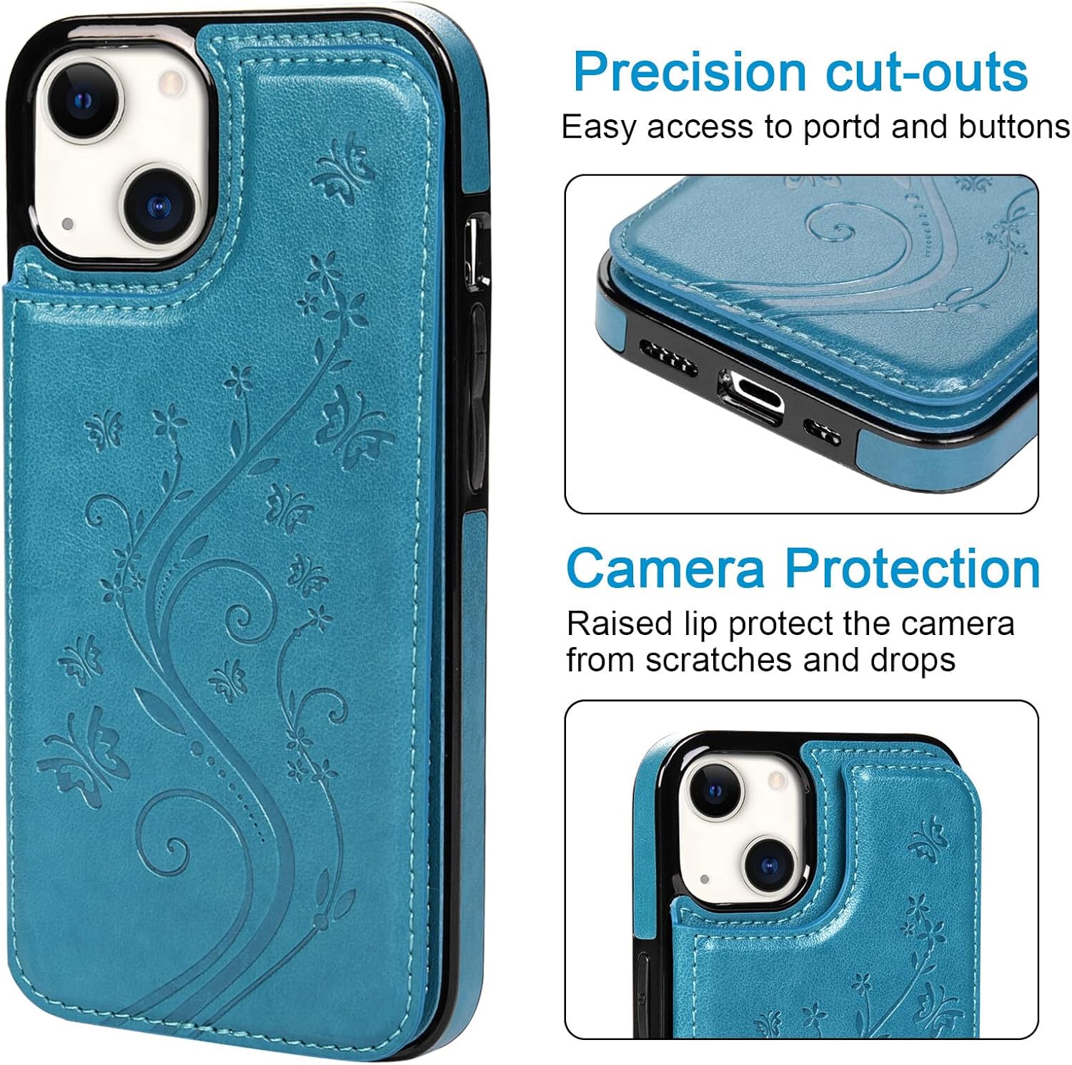 Mavis’s Diary Funda tipo cartera compatible con iPhone 15, de piel sintética, funda de silicona suave con diseño floral y mariposas, con tarjetero y