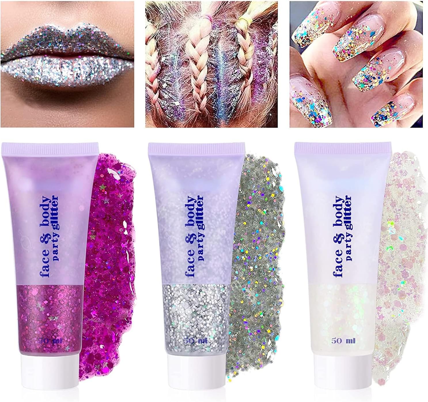 Brillantina facial de 3 colores, traje de neón brillante para cabello, cara y cuerpo con purpurina en gel resaltador (01-azul y 04-rosa y 06-blanco