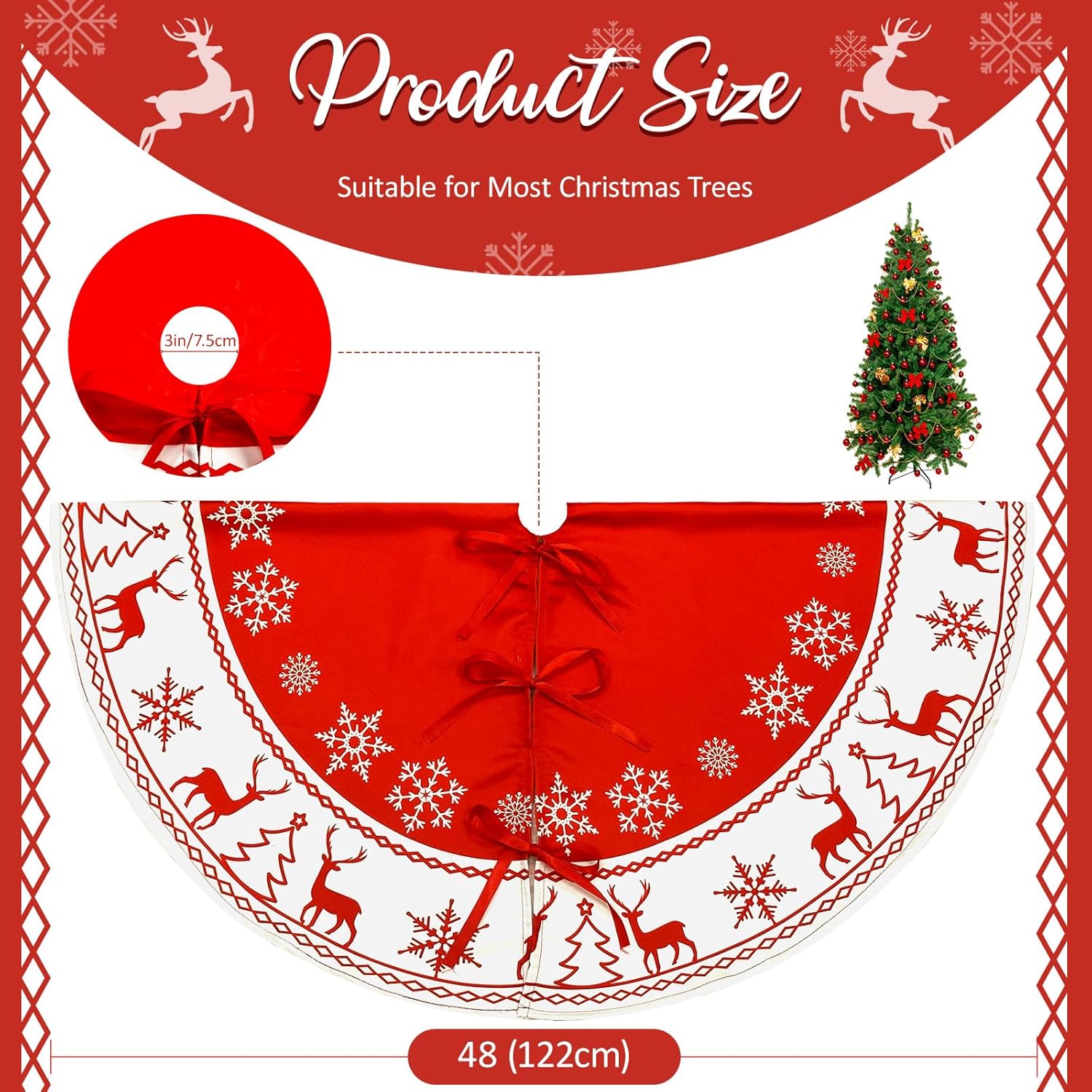 OurWarm Falda de árbol de Navidad de 48 pulgadas, faldas grandes para árbol de Navidad con patrón de copo de nieve y reno, tapete de árbol rojo y