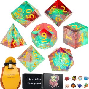 DND – Juego de 7 dados poliédricos de resina de borde afilado para Calabozos y Dragones con bolsa de dados, bandeja de dados y calcomanías (Primal DND – Juego de 7 dados poliédricos de resina de borde afilado para Calabozos y Dragones con bolsa de dados, bandeja de dados y calcomanías (Primal