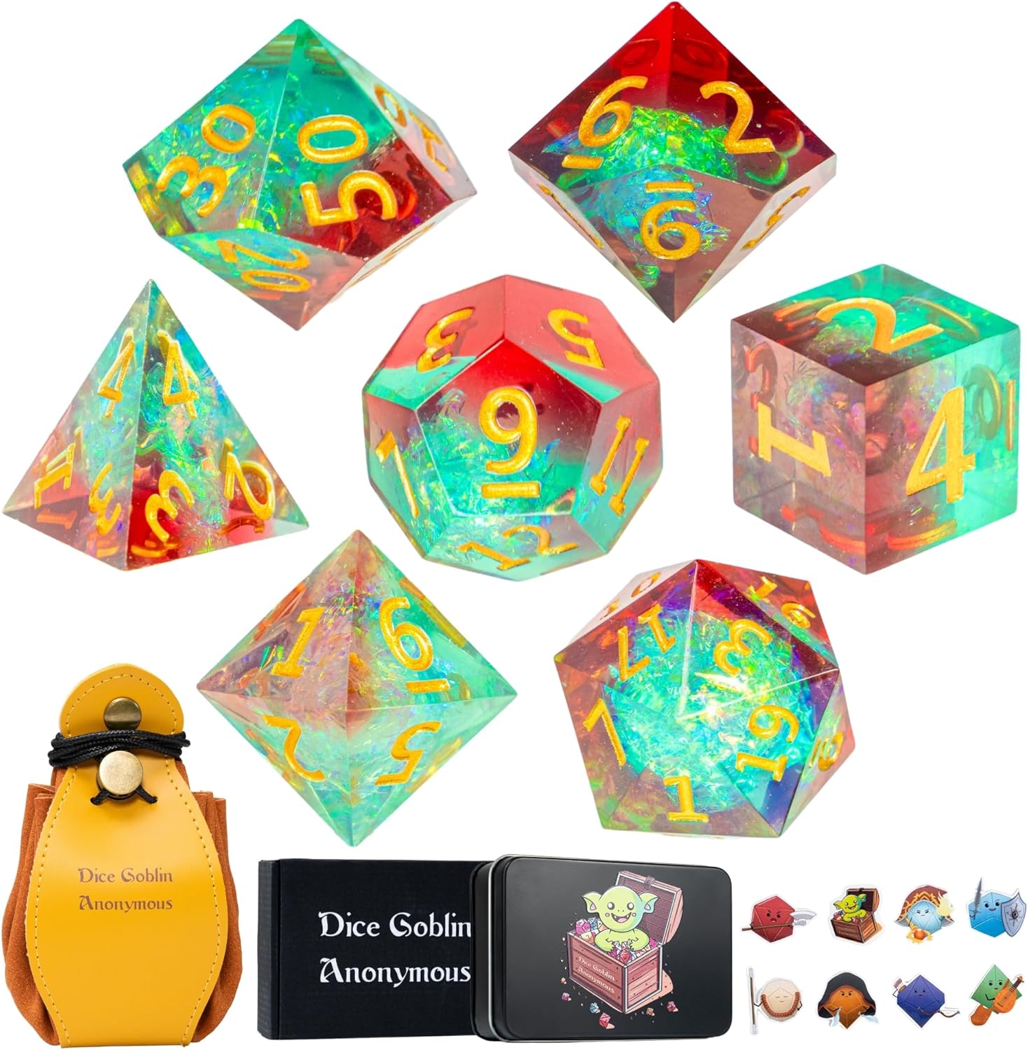DND – Juego de 7 dados poliédricos de resina de borde afilado para Calabozos y Dragones con bolsa de dados, bandeja de dados y calcomanías (Primal