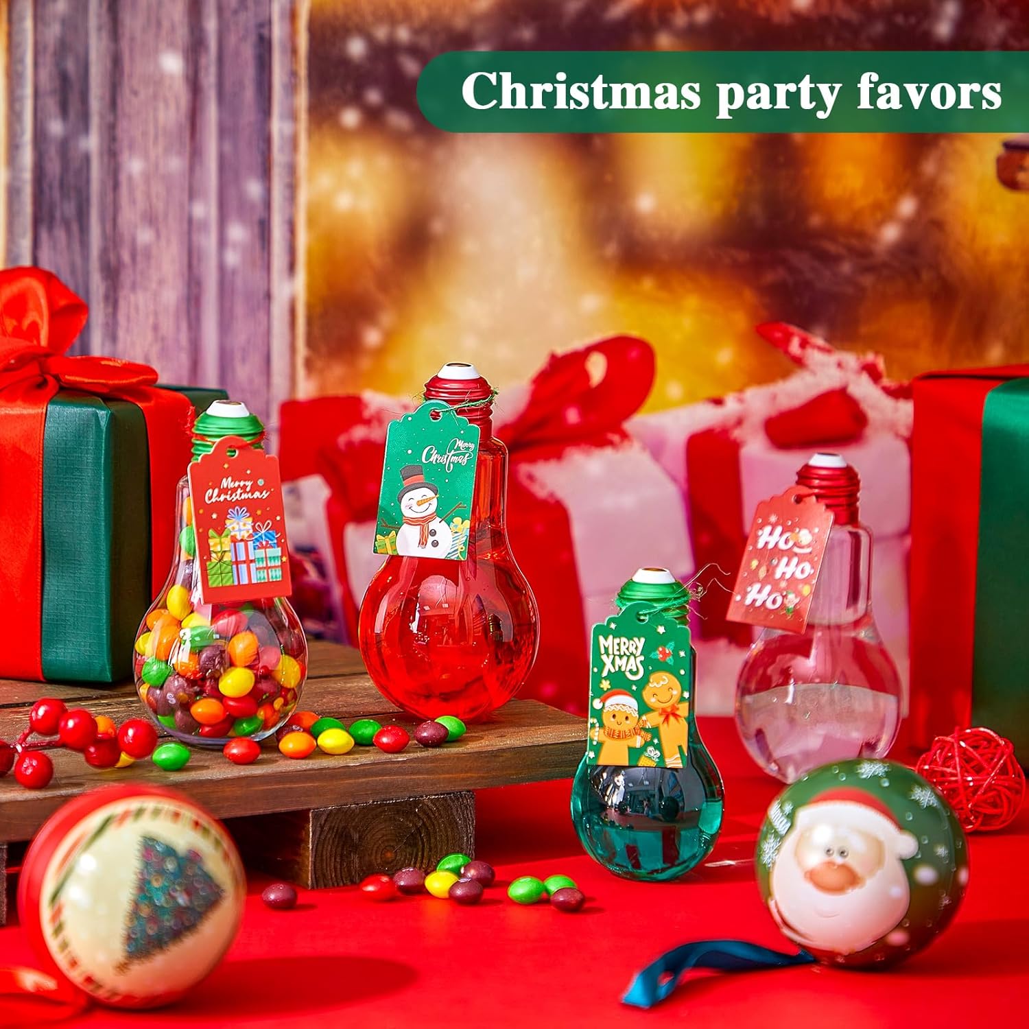 Tessco 48 tarros de plástico de Navidad con tarjeta y cuerda, 3.4 onzas, 3.4 fl oz, transparente, rellenable, para caramelos, bombillas de plástico
