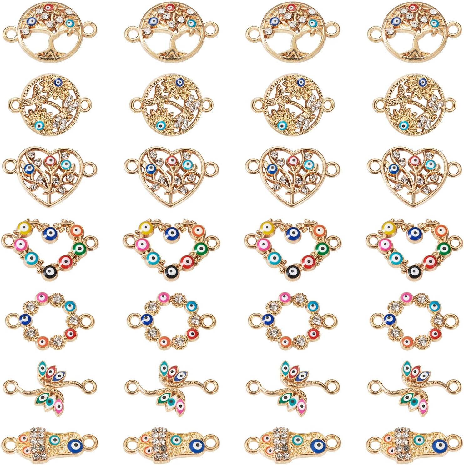 Craftdady 28 dijes esmaltados para el mal de ojo, diamantes de imitación de cristal con forma de corazón de árbol de corazón plano y redondo, dijes