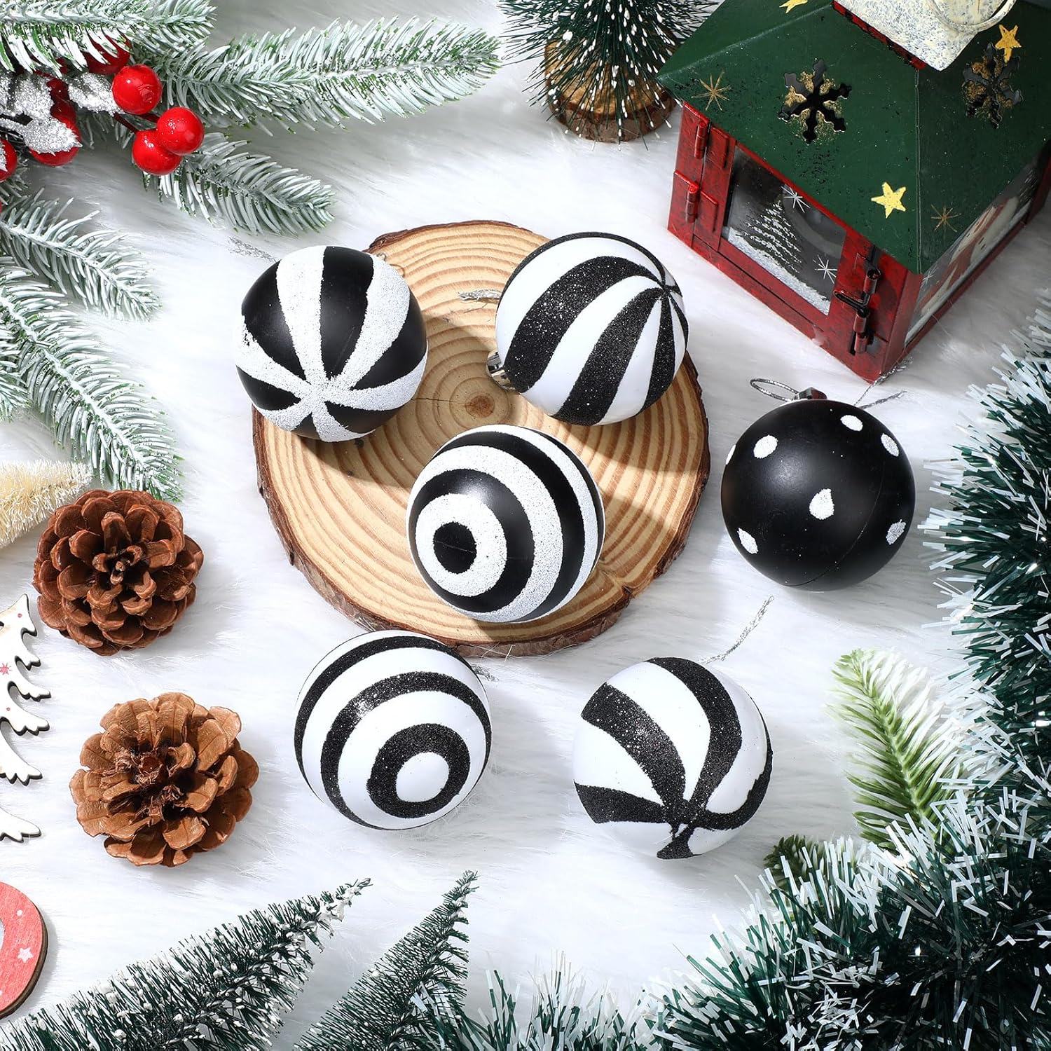 24 bolas de Navidad en blanco y negro de 2.36 pulgadas, diseño de rayas de punto, esferas de Navidad colgantes de plástico negro, adornos de Navidad