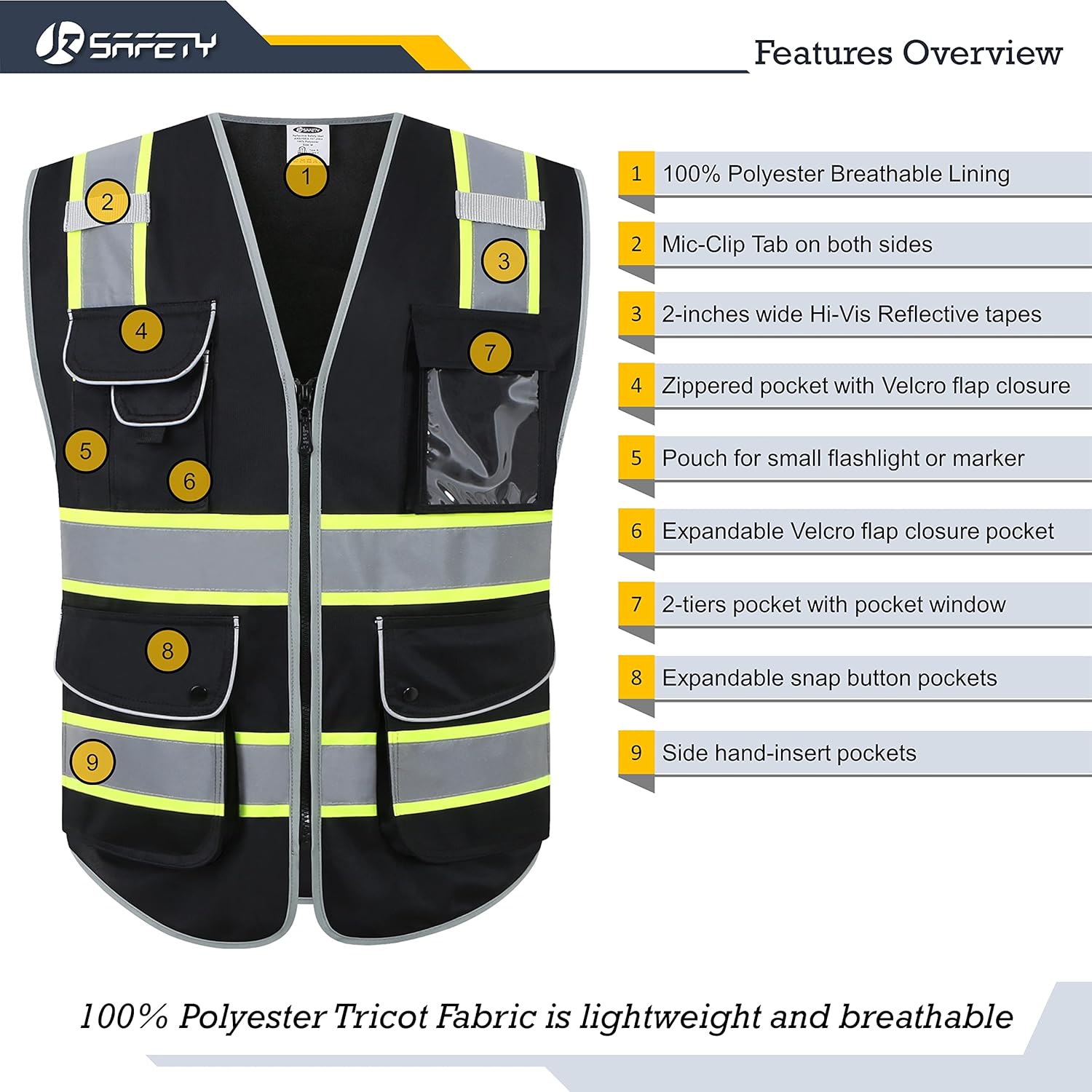 JKSafety – Chaleco de seguridad con cierre frontal 9 bolsillos clase 2 alta visibilidad con correas reflectantes, cumple con normas ANSIISEA…