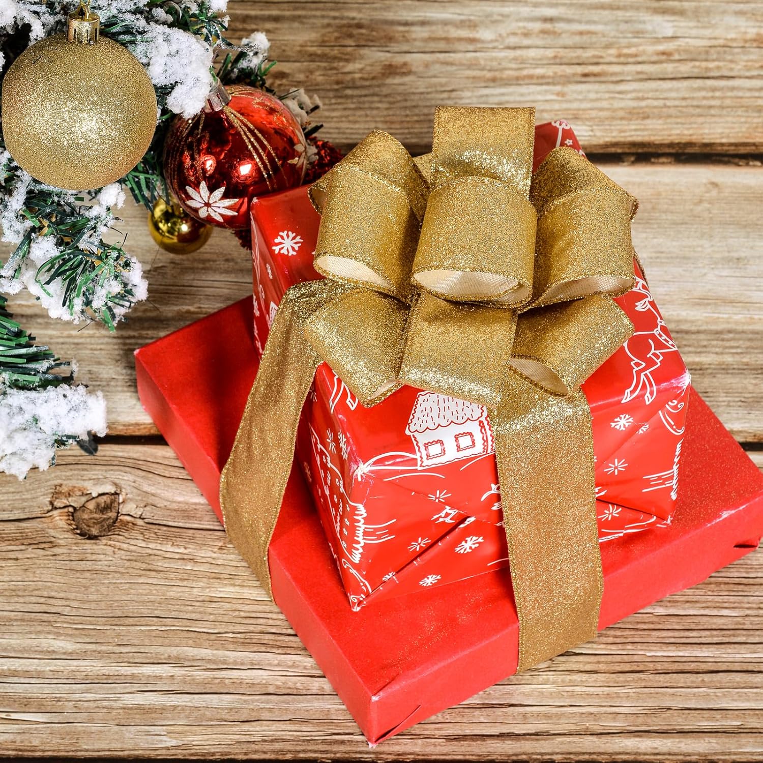 YAMA Cinta con alambre con purpurina, oro amarillo, 2-12 pulgadas x 20 yardas, para Navidad, envoltura de regalos, coronas, manualidades, arco y