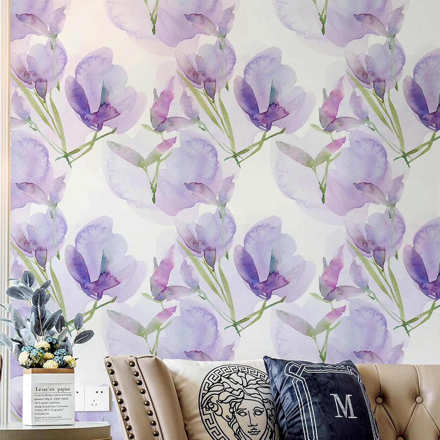 Papel tapiz de vinilo autoadhesivo para despegar y pegar, extraíble, hojas blancas y moradas, estilo bohemio, fácil de despegar, para dormitorio,