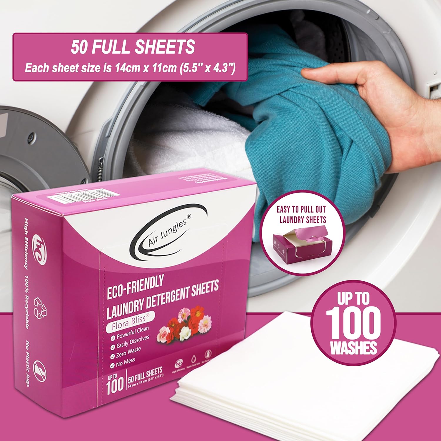 Air Jungles Hojas de detergente para ropa sucia de 50 hojas, aroma Flora Bliss, hasta 100 lavados, ecológicas, fáciles de usar, solución cero