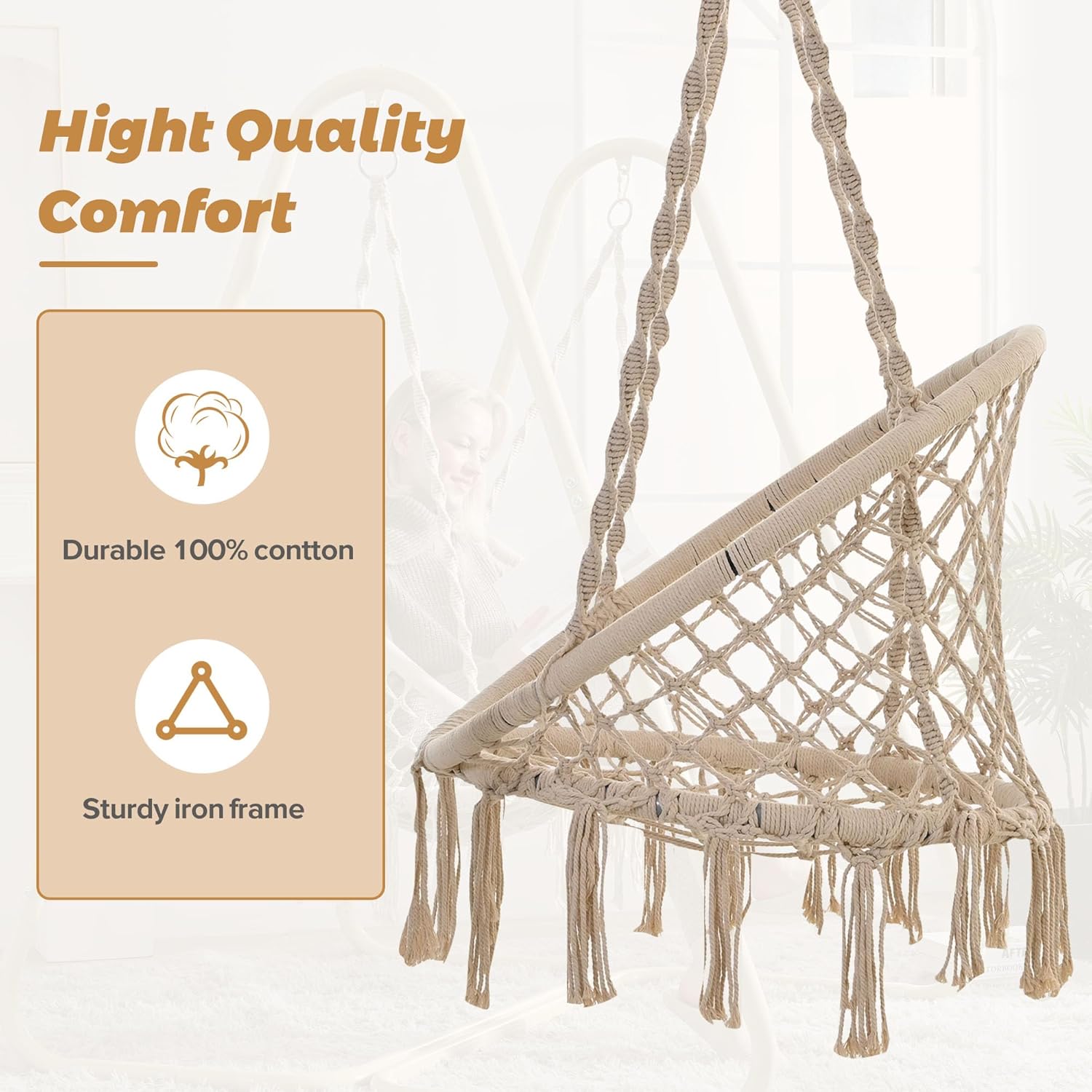 Merax Silla columpio hamaca con soporte, silla colgante resistente con borlas para dormitorio, interior, color beige