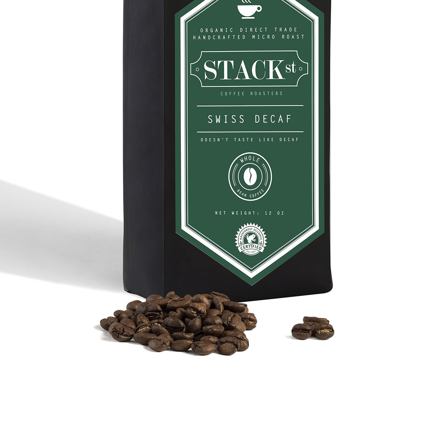 Granos de café descafeinado suizos, lote pequeño, tostado medio, certificado orgánico, 12 onzas, microtostado hecho a mano por Stack Street