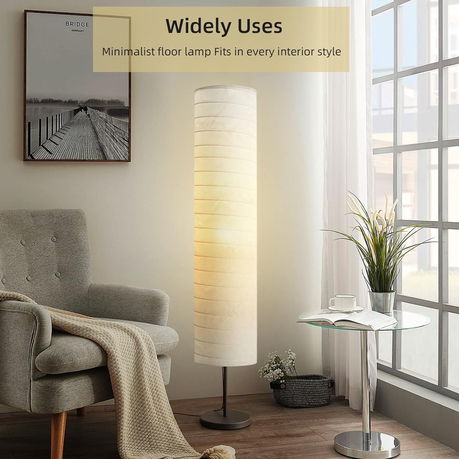 Modern Floor Lamp, Dimmable 3 Levels Brightness Paper Tall Lamp Standing Lamps with Lampshade, 55” Minimalist Floor Lamps for Office, Kids Room,