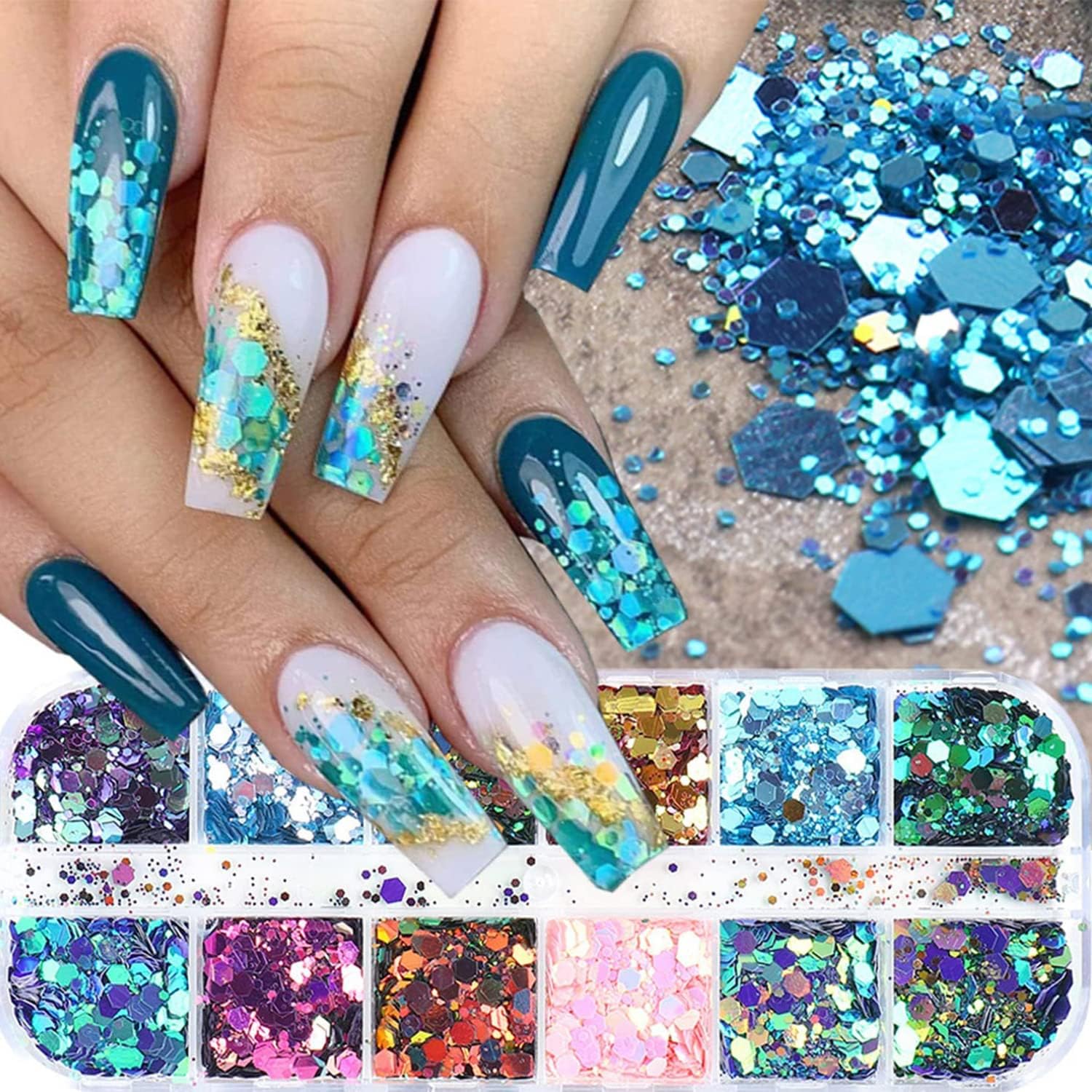 Lentejuelas hexagonales gruesas con purpurina holográfica en polvo de sirena en escamas brillantes para arte de uñas, lentejuelas iridiscentes,