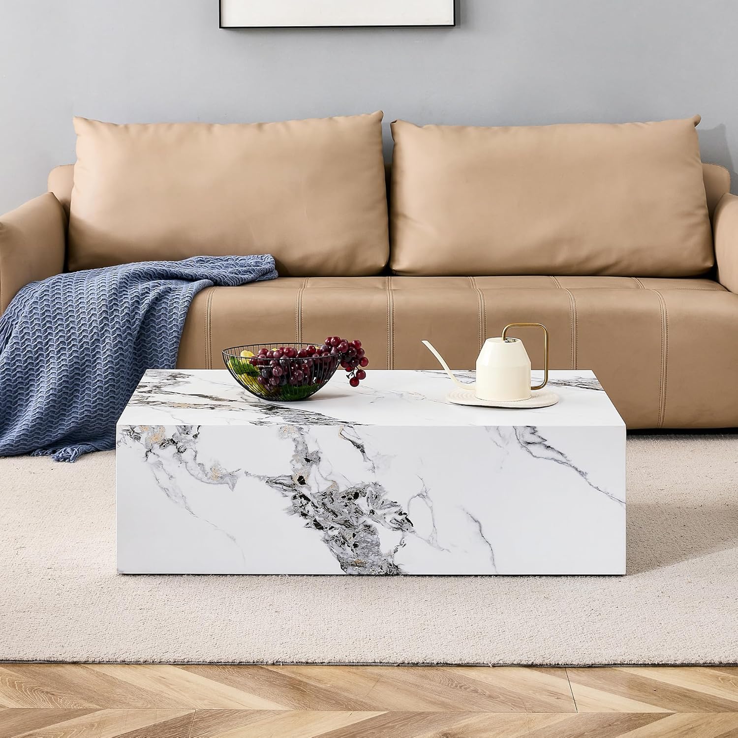 Mesa de centro moderna de mármol, mesa central rectangular de madera con patrón de mármol para sala de estar, mesa de cóctel contemporánea para el