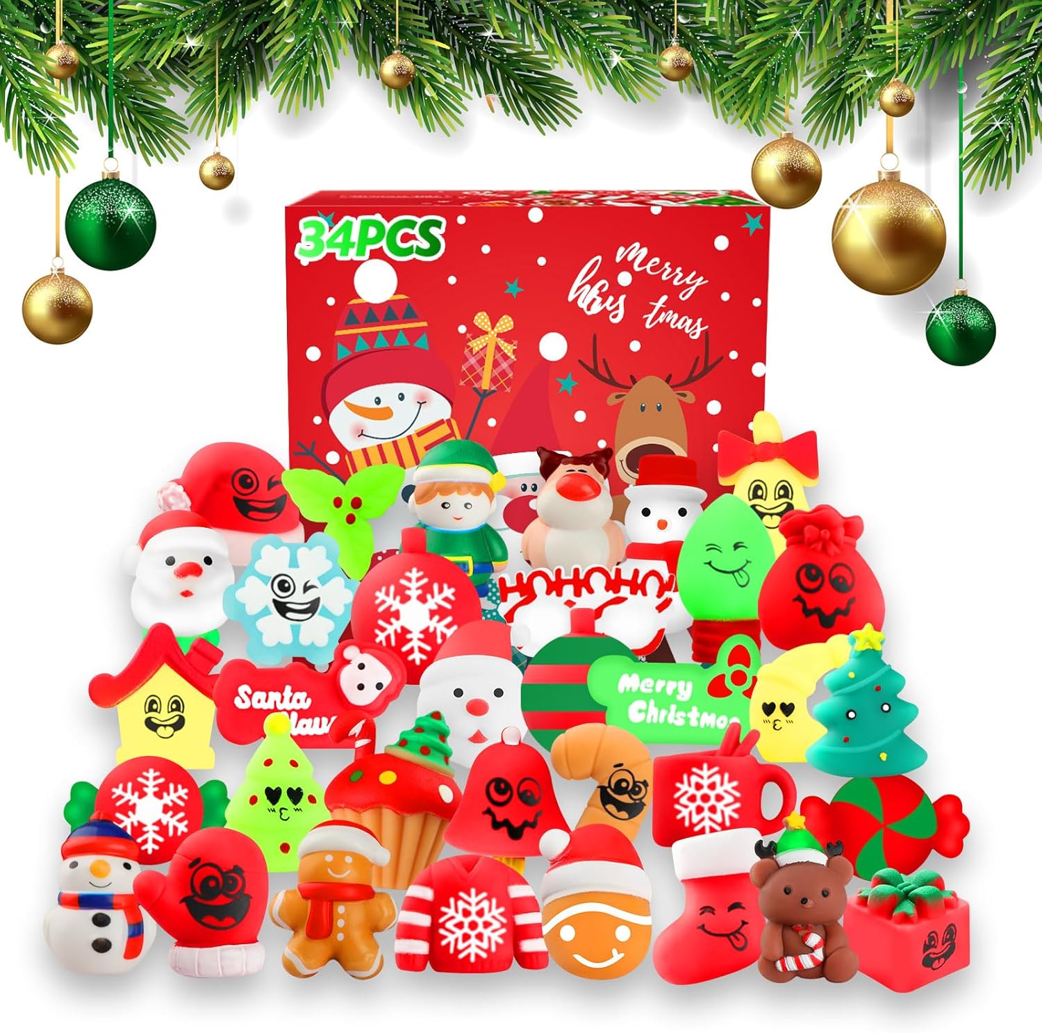 VNAMO Juguetes esponjosos de Navidad, 34 piezas de juguetes esponjosos, regalos de fiesta de Navidad para niños y niñas, Mochi Kawaii Squishy Alivio