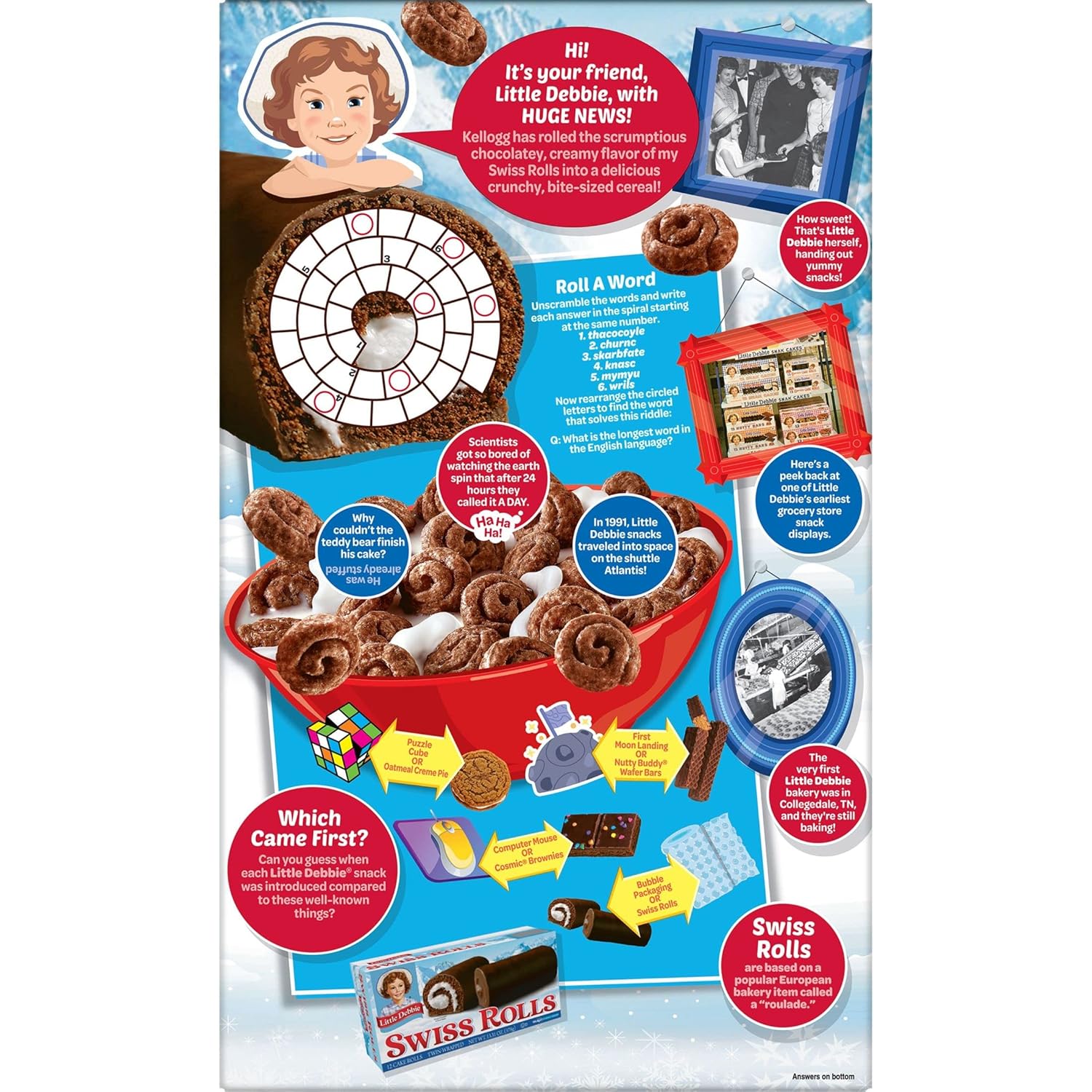 Little Debbie Cereal para desayuno frío, 8 vitaminas y minerales, aperitivos para niños, tamaño familiar, rollos suizos, caja de 13.5 onzas (1 caja)