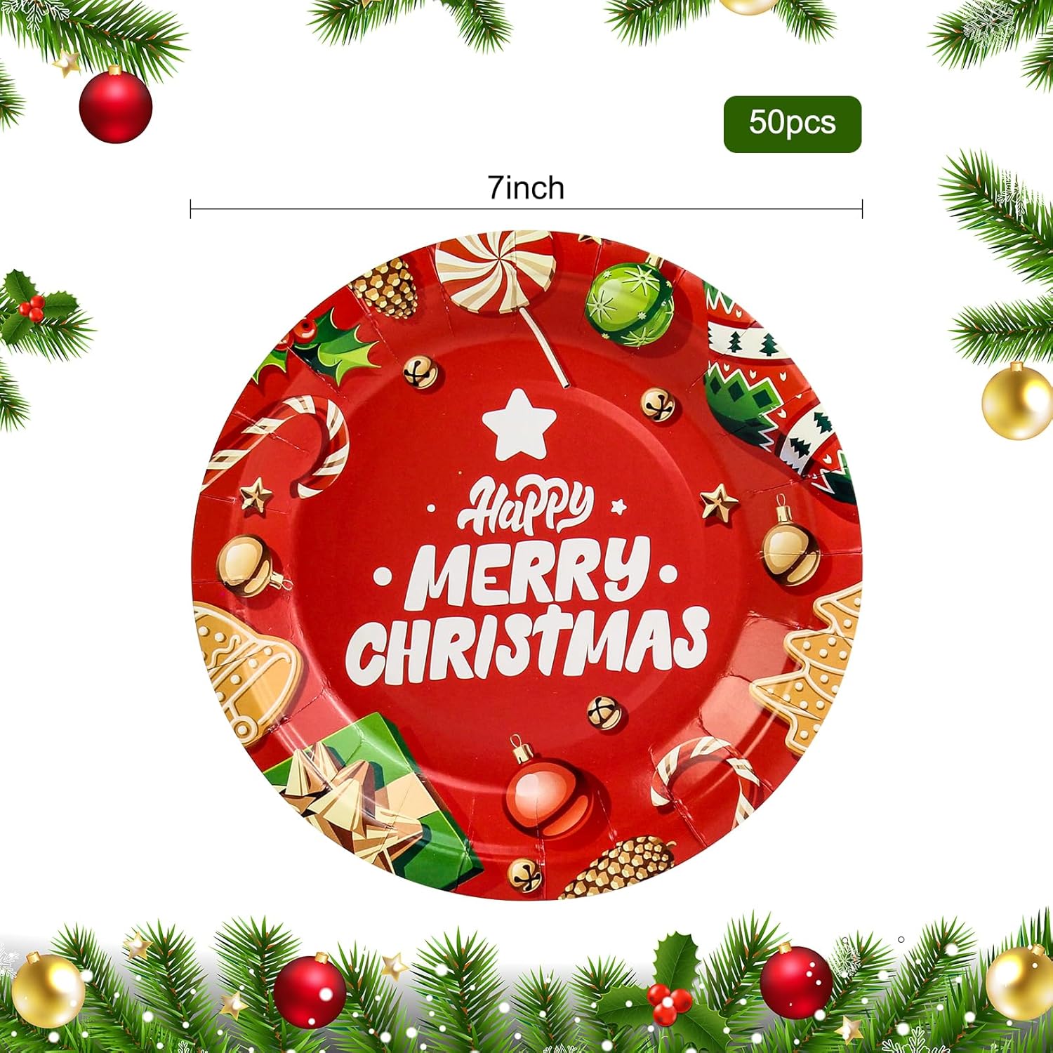 KFJBPB Paquete de 50 platos de papel de Navidad de 7 pulgadas, platos de papel desechables rojos de Feliz Navidad, platos de postre de Navidad,