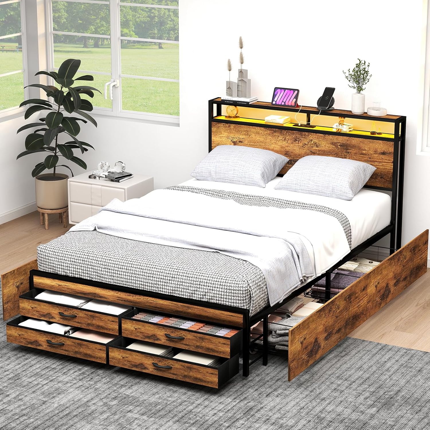 Base de cama tamaño Queen con 8 cajones de almacenamiento, cama de plataforma Queen resistente con cabecera y estribo de madera, diseño sin ruido,