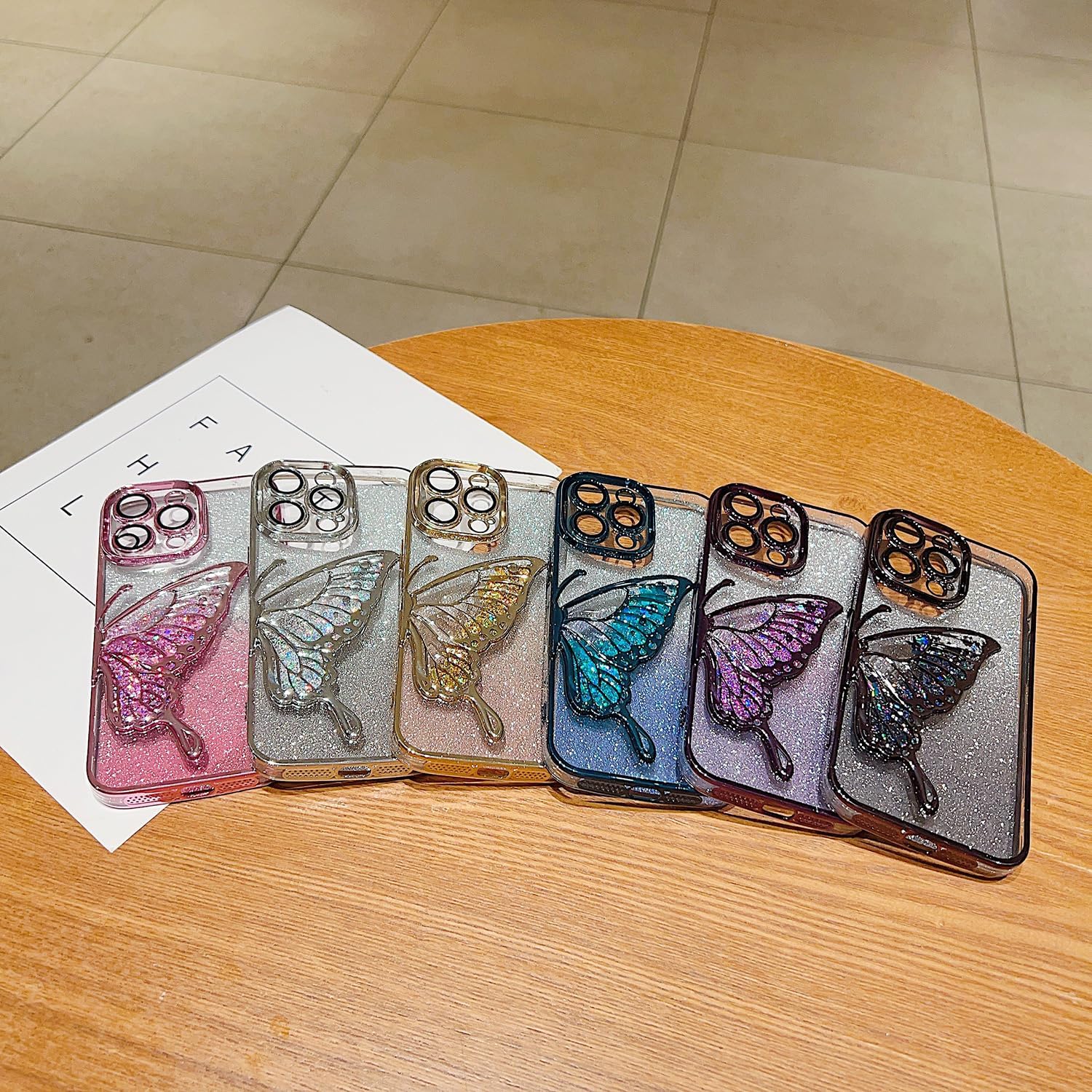 Ownest Funda compatible con iPhone 14 Pro Max con purpurina de lujo, diseño estético chapado en mariposa, funda para teléfono para mujeres,