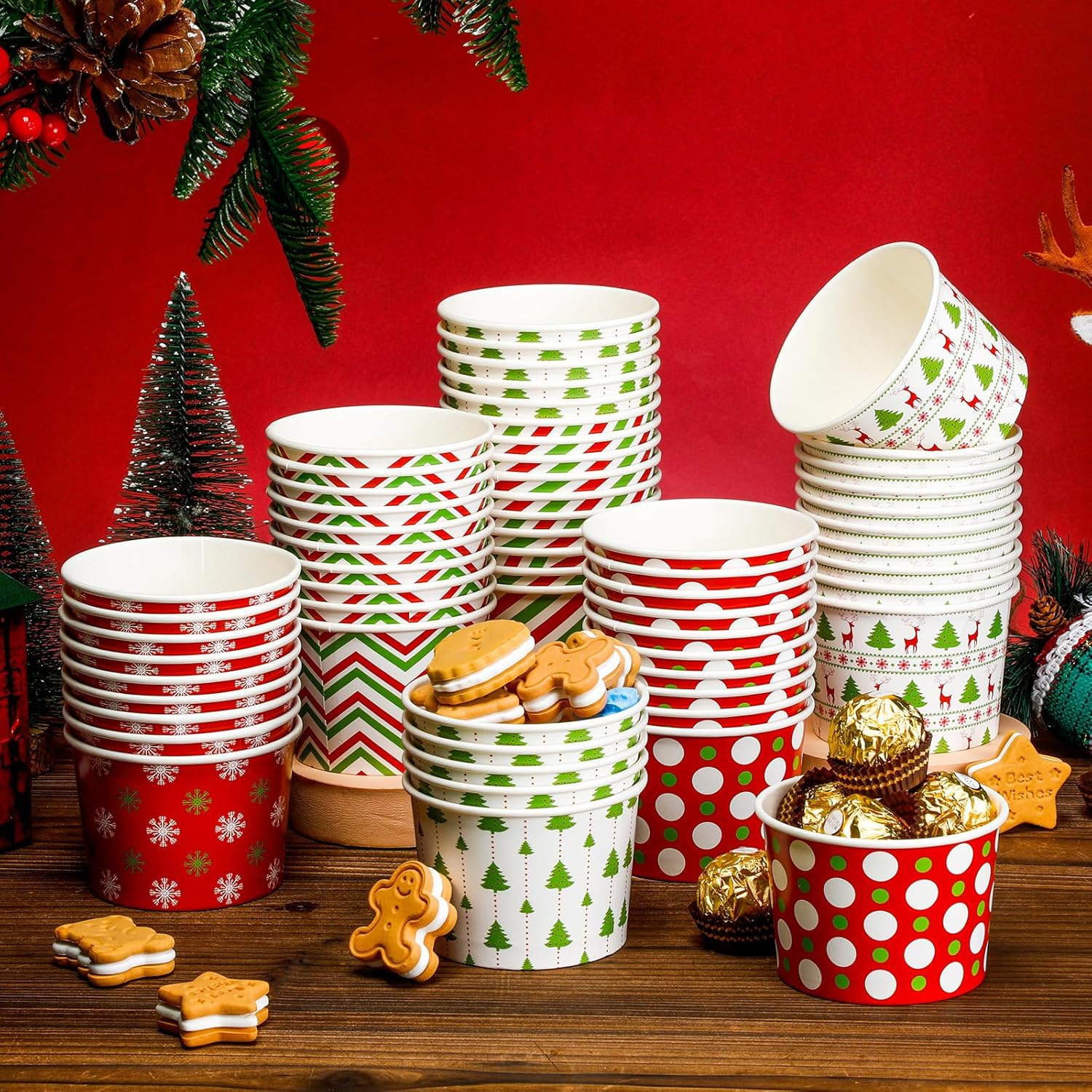 Cuencos desechables de postre de Navidad, de 9 onzas, cuencos de papel de Navidad para golosinas de Navidad, tazones de helado a rayas con copos de