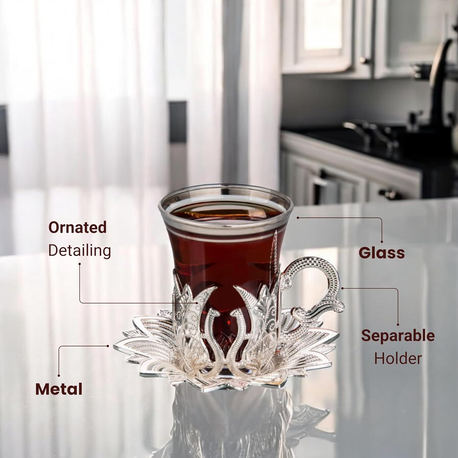 LaModaHome Vasos de té turco vintage hechos a mano con platillo y soportes, tazas otomanas y árabes, juego de 6 para servir, invitados, té, cena,