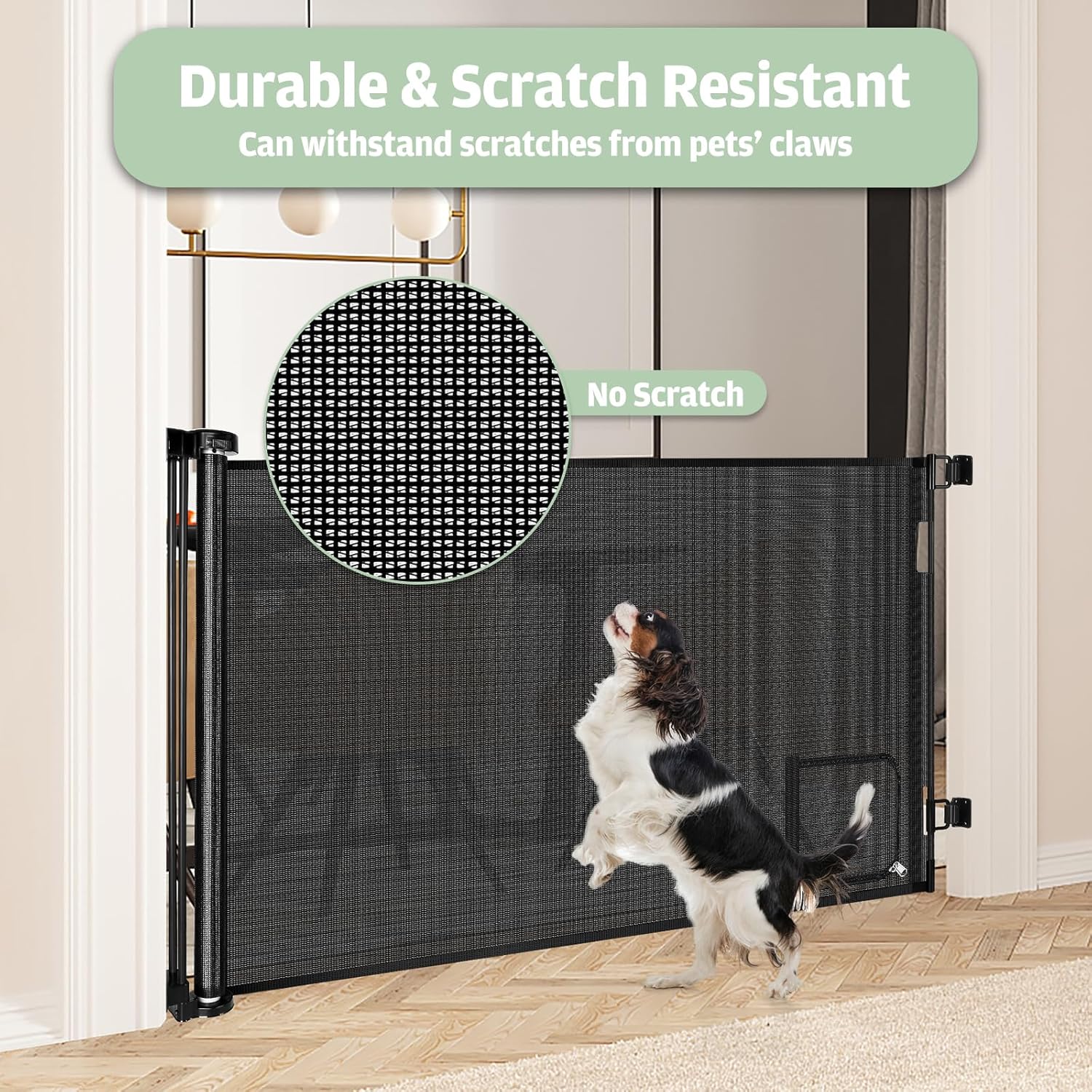 Puerta retráctil para bebé con puerta para gatos (55 pulgadas de ancho x 35 pulgadas de alto), puerta retráctil para perros con puerta para