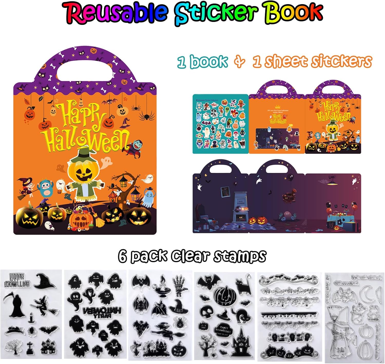 Libro de calcomanías reutilizables y sellos transparentes para niños pequeños, 36 calcomanías extraíbles y 70 sellos de goma para hacer tarjetas,