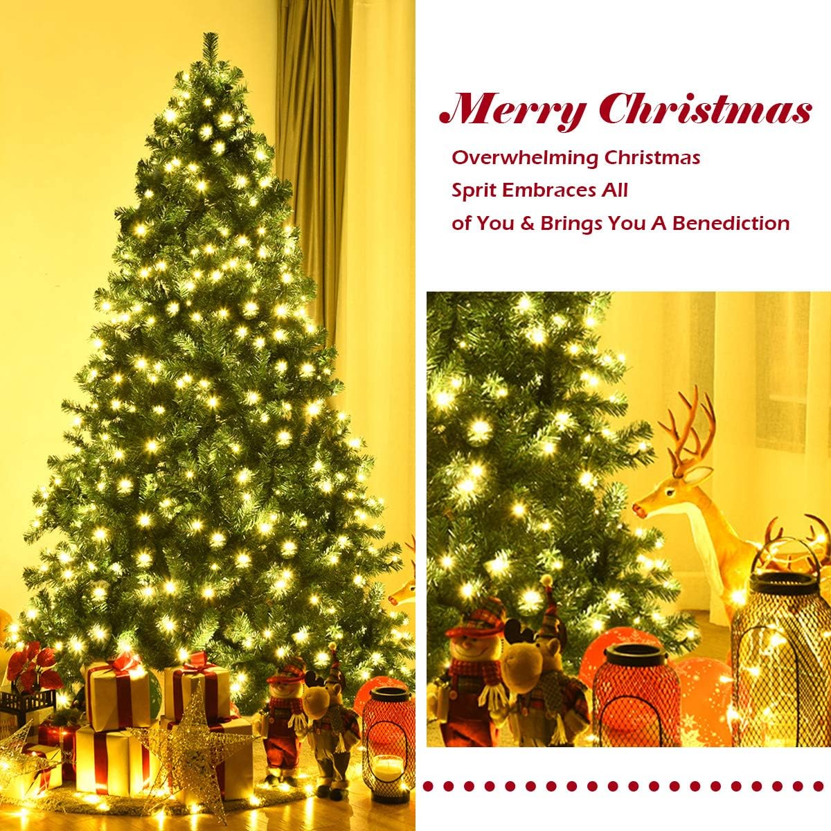 Goplus Árbol de Navidad artificial pre-iluminado, árbol de abeto con bisagras de alta calidad, con luces LED y soporte de metal, fácil de montar,