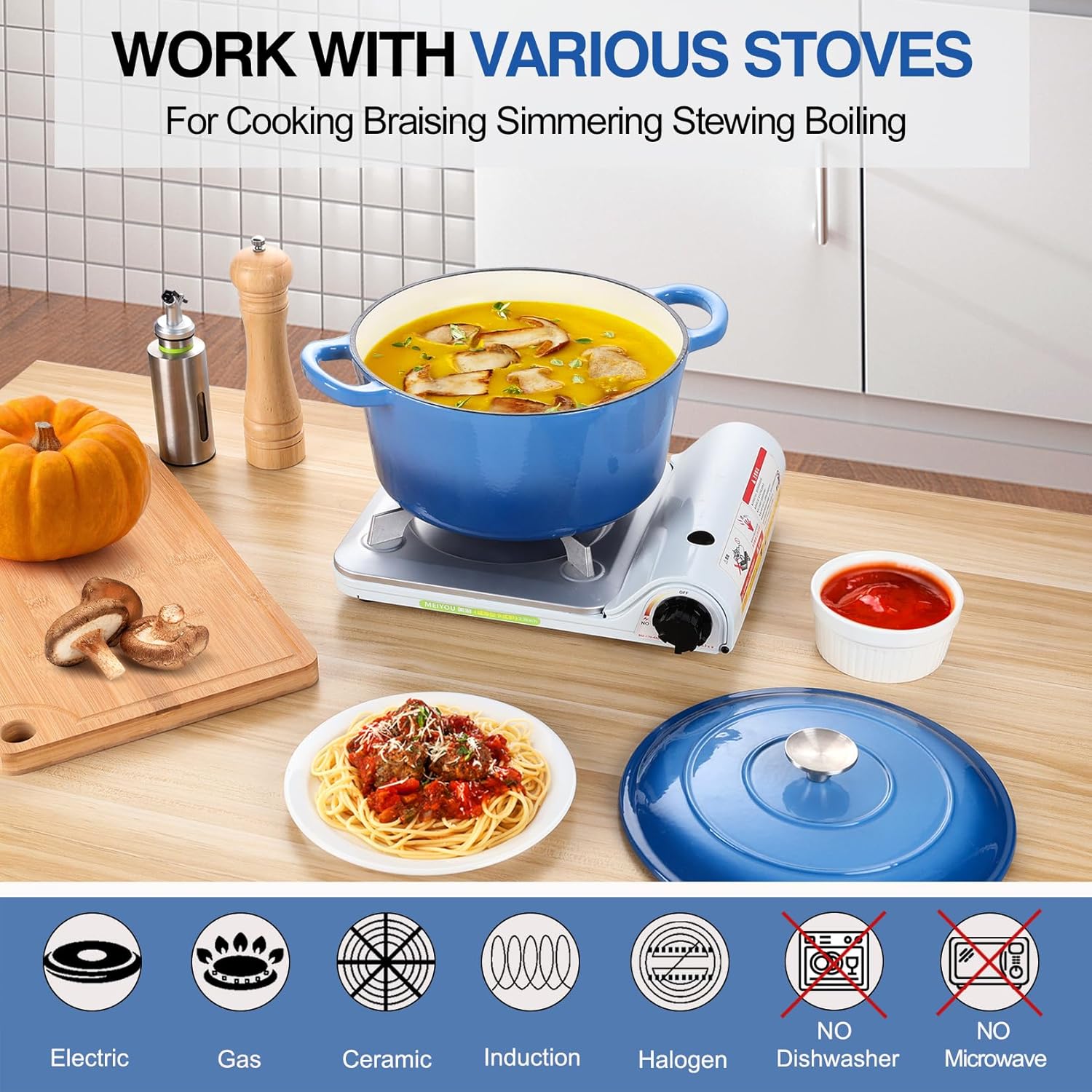 P&P CHEF – Horno holandés esmaltado de 6 cuartos de galón con tapa, olla de horno holandés de hierro fundido, olla redonda esmaltada para estofar,