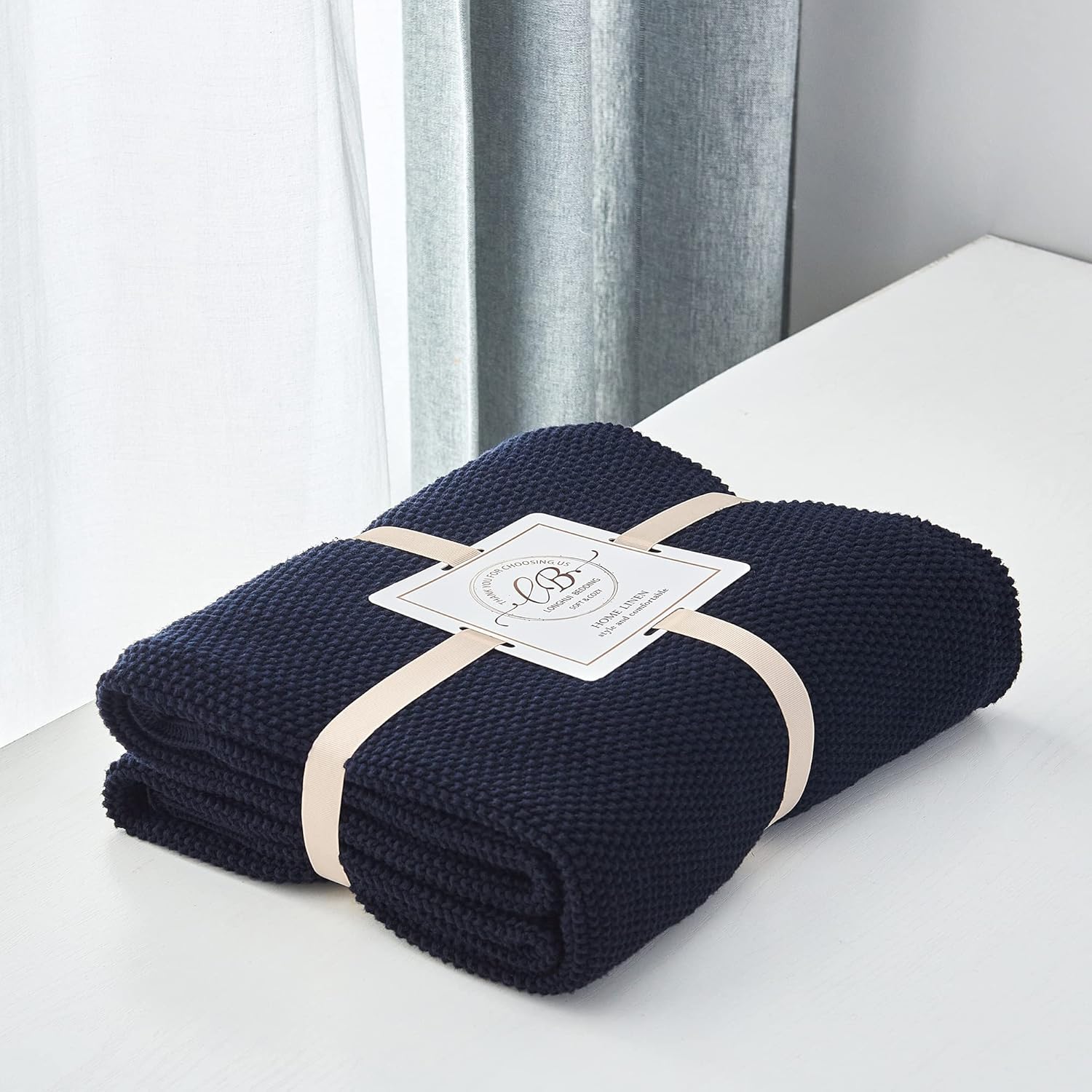 Longhui bedding Manta de punto trenzado de algodón azul marino oscuro para sofá, cama, manta ligera decorativa para el hogar, bolsa de lavado