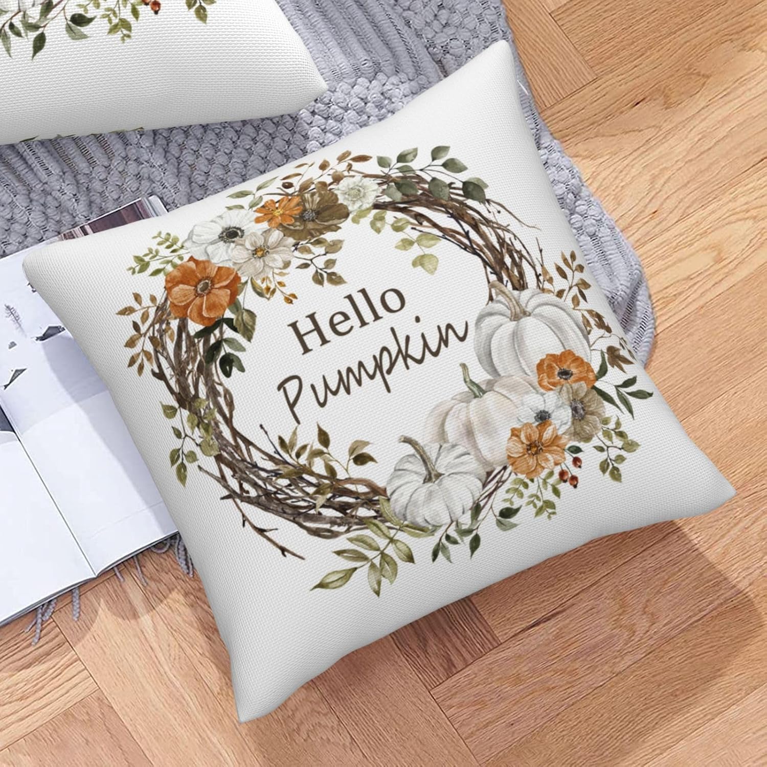 Juego de 2 fundas de almohada decorativas de otoño de 16 x 16 pulgadas, diseño de calabazas grises y blancas, flores naranjas, cosecha de Acción de