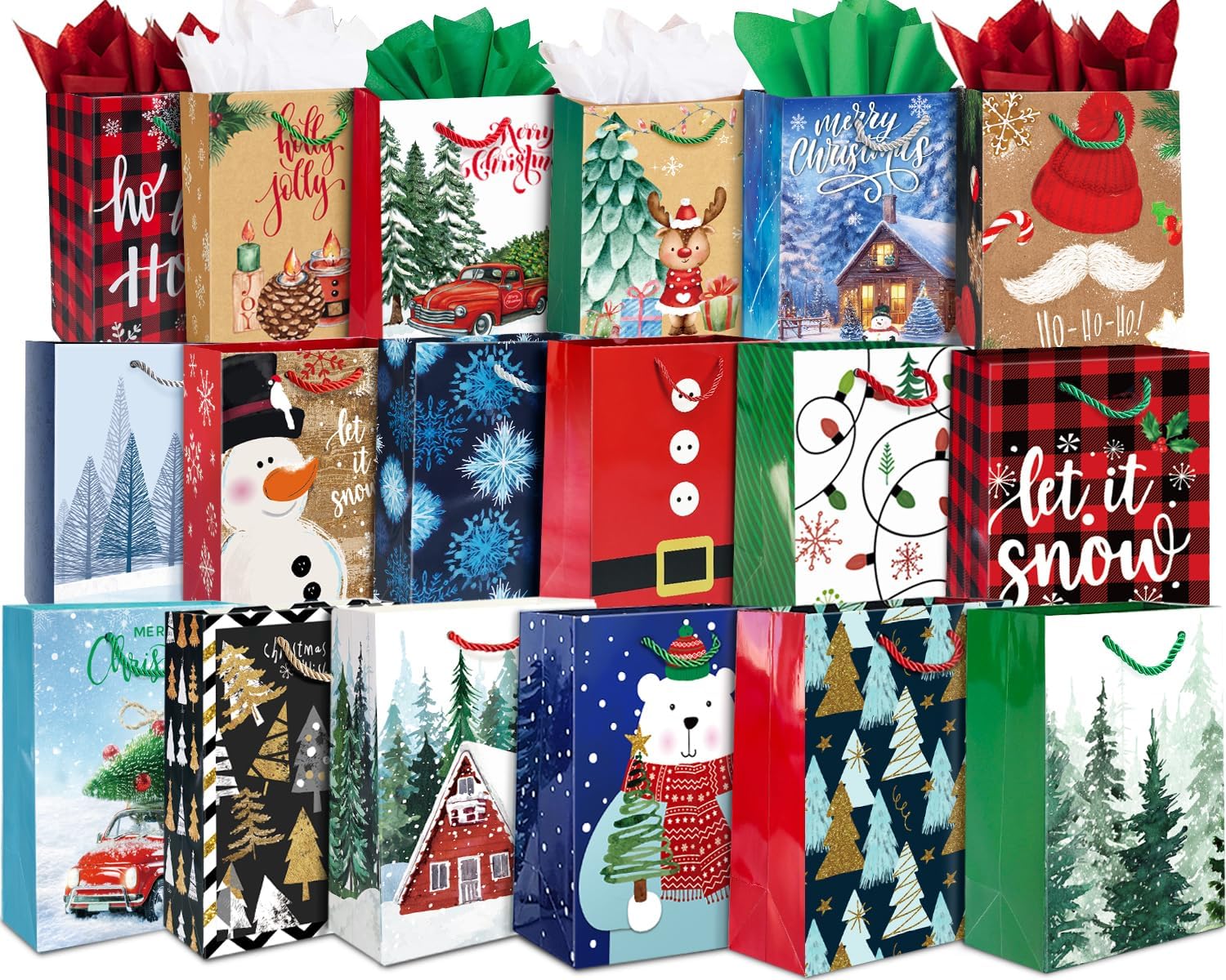 24 bolsas pequeñas de regalo de Navidad a granel con asas, 26 papel de seda y 60 etiquetas de regalo de Navidad, juego de 24 diseños surtidos de