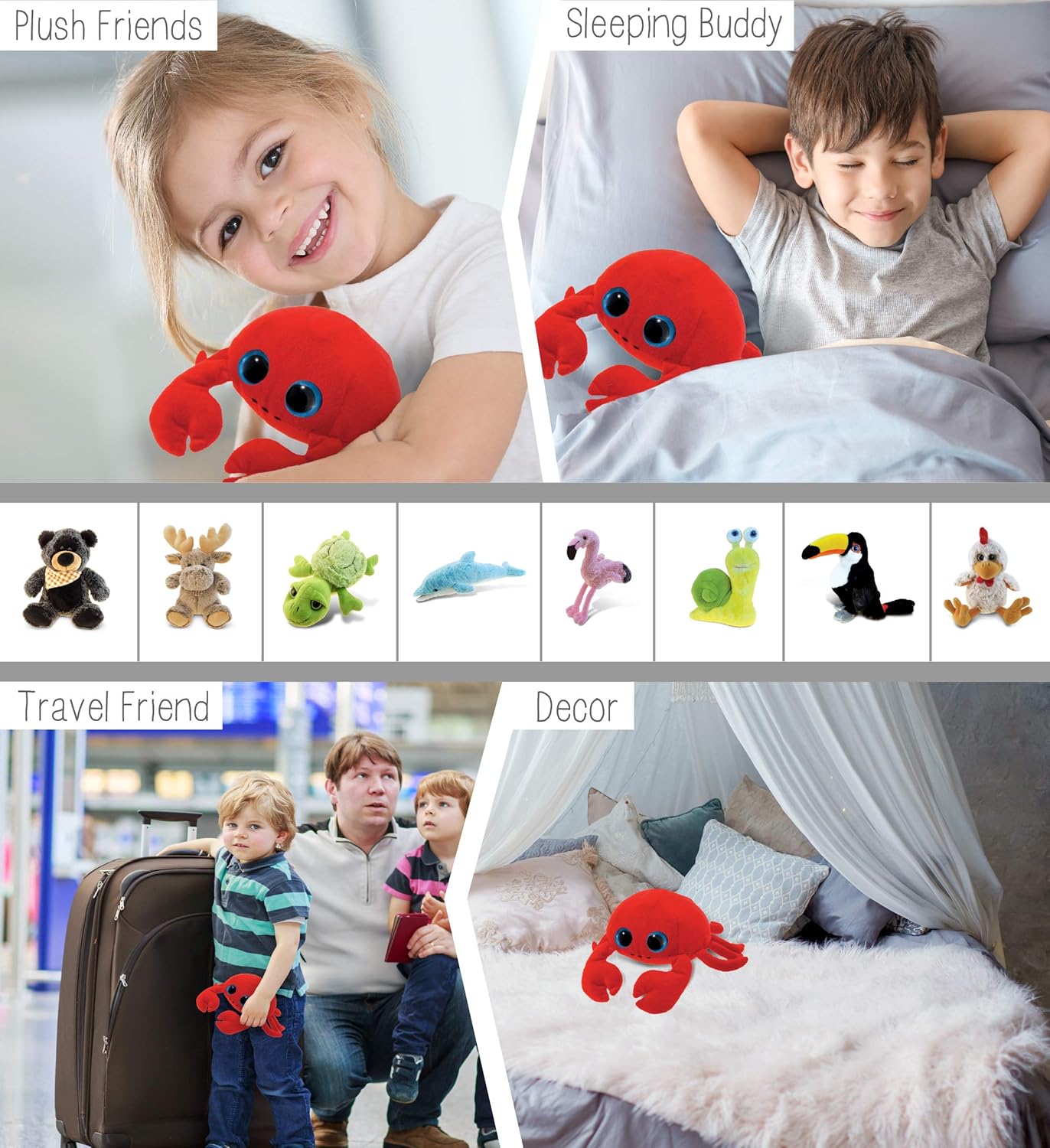 DolliBu – Animal de peluche de cangrejo de peluche, suave y abrazable, ojos grandes, cangrejo rojo, adorable juguete de peluche de cangrejo de vida