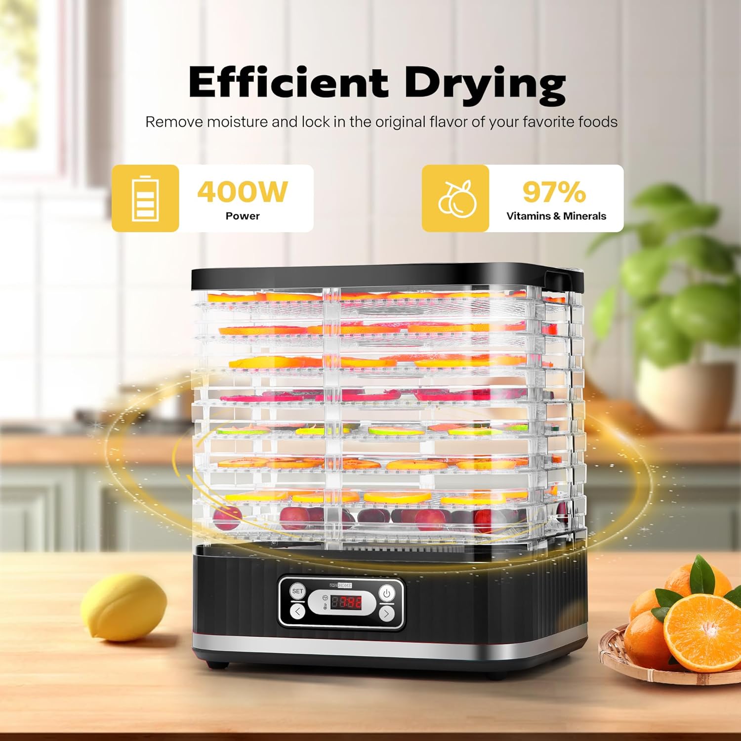 VIVOHOME Deshidratador de alimentos, máquina hidráulica de 8 bandejas con temporizador digital de 72 horas y control de temperatura para frutas,