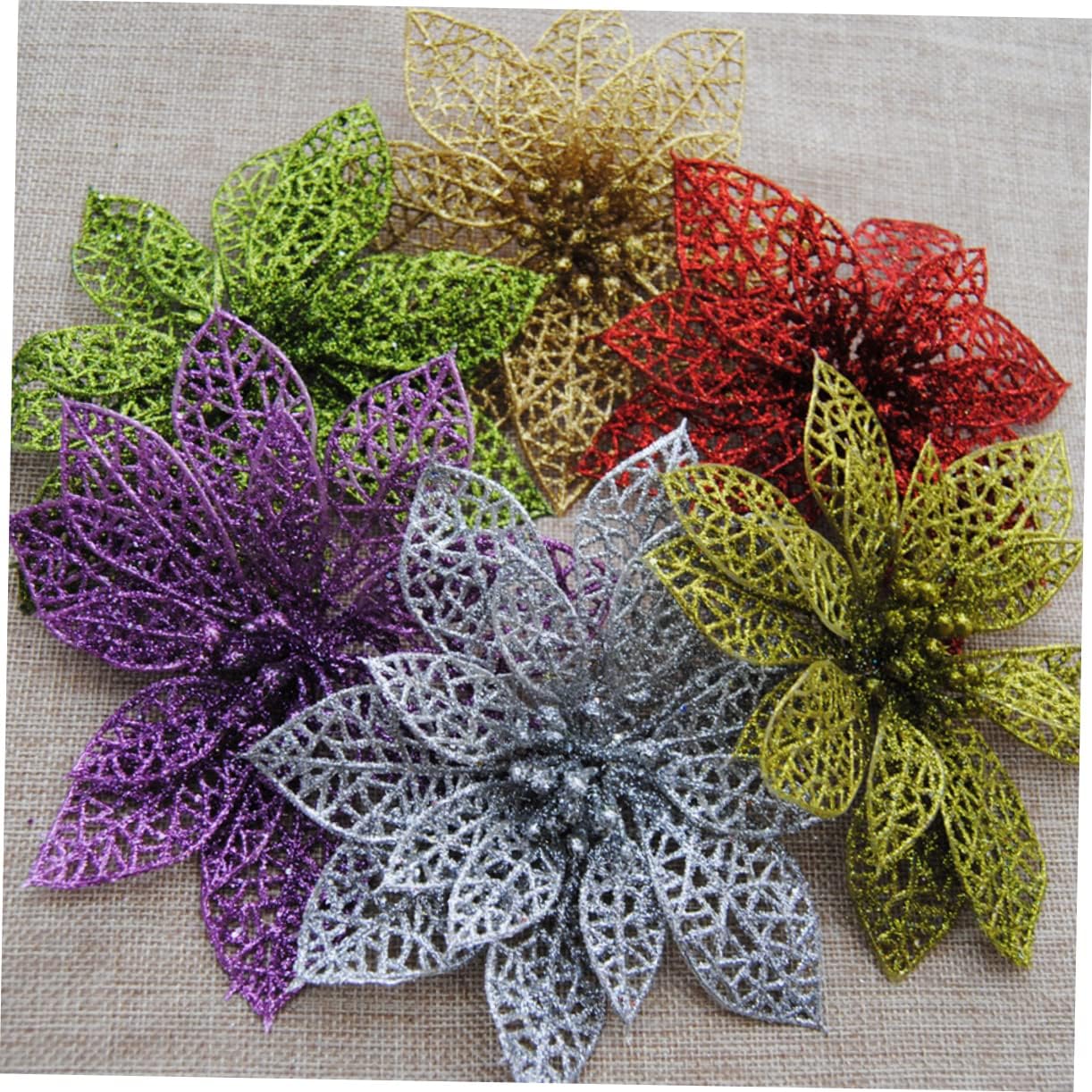 Amosfun 10pcs Guirnaldas para Hollow Christmas Flowers Artificial Flowers Green Poinsettia Blue Dusting Sticky Powder Wreath Hollow Flower Christmas
