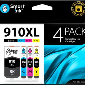 Smart Ink Cartucho de tinta de repuesto compatible para HP 910XL 910 XL (negro XL y CMY XL 4 combo Pack) para usar con Officejet Pro 8025 8020 8028 Smart Ink Cartucho de tinta de repuesto compatible para HP 910XL 910 XL (negro XL y CMY XL 4 combo Pack) para usar con Officejet Pro 8025 8020 8028